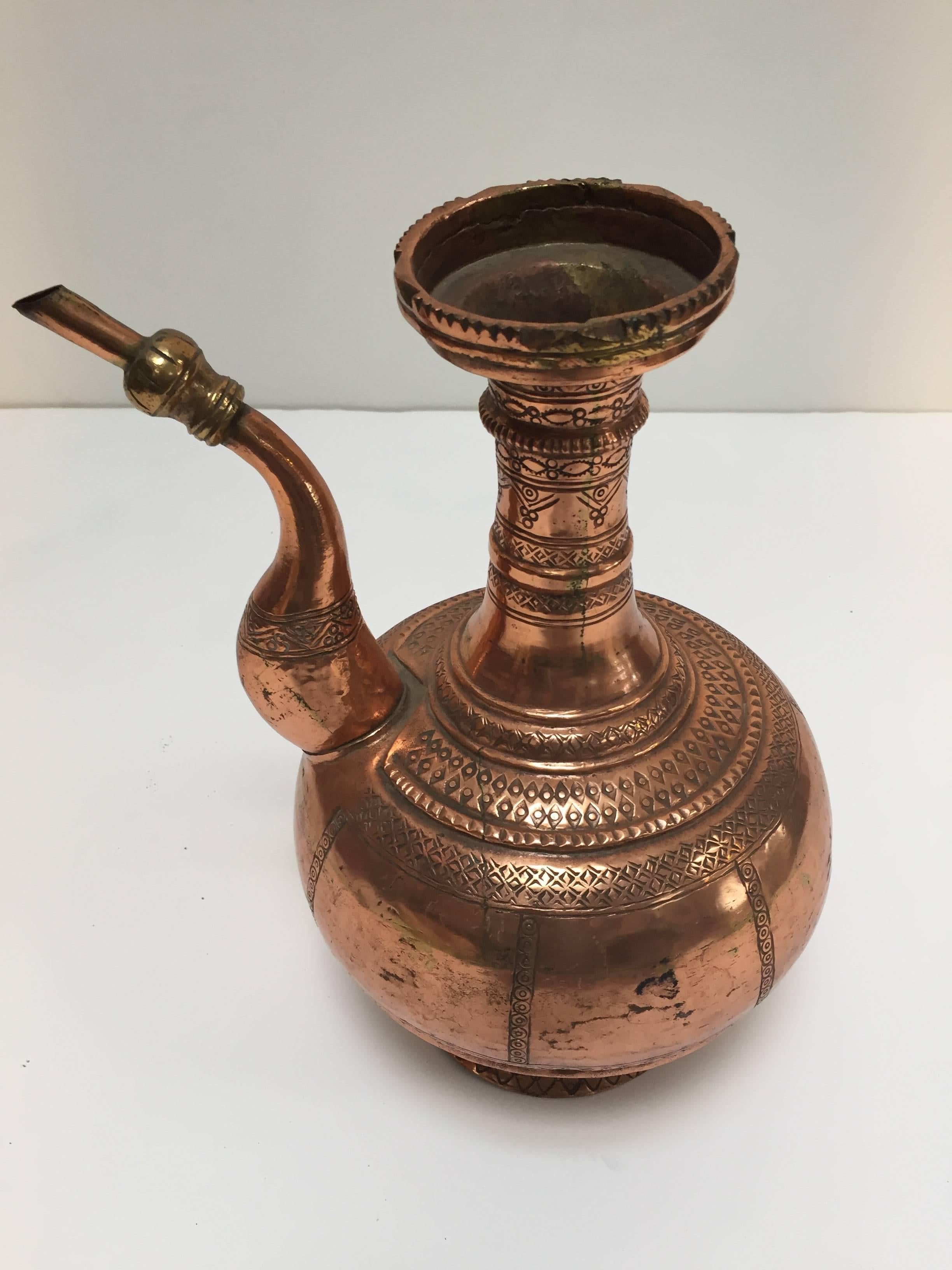 Moorish Middle Eastern Turkish Ewer and Copper Basin For Sale