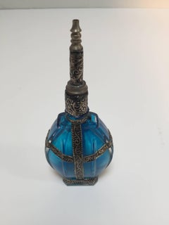 Moorish Rose Water Sprinkler Blue Glass Perfume Bottle with Metal Overlay