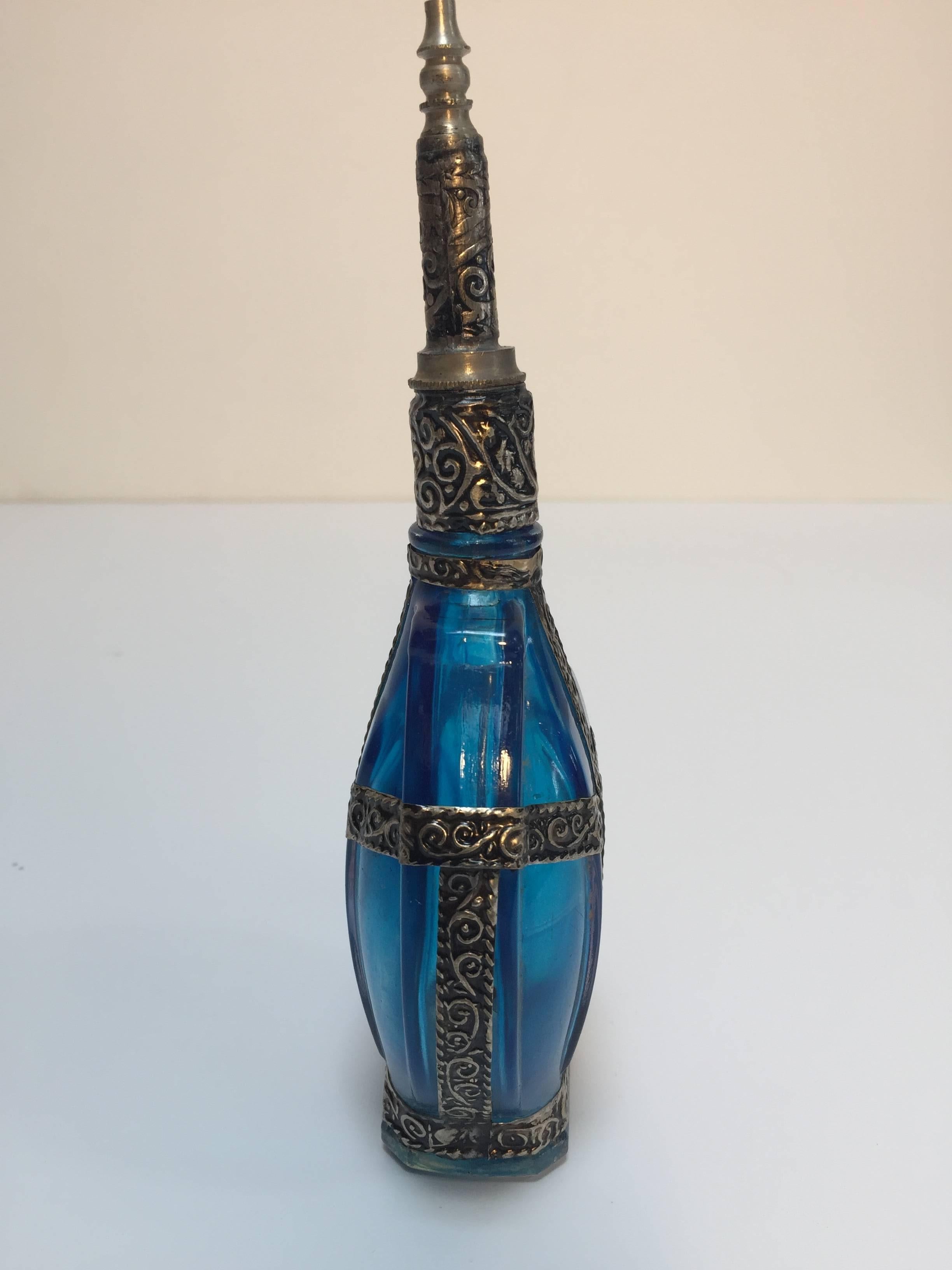 Bohemian Moorish Rose Water Sprinkler Blue Glass Perfume Bottle with Metal Overlay