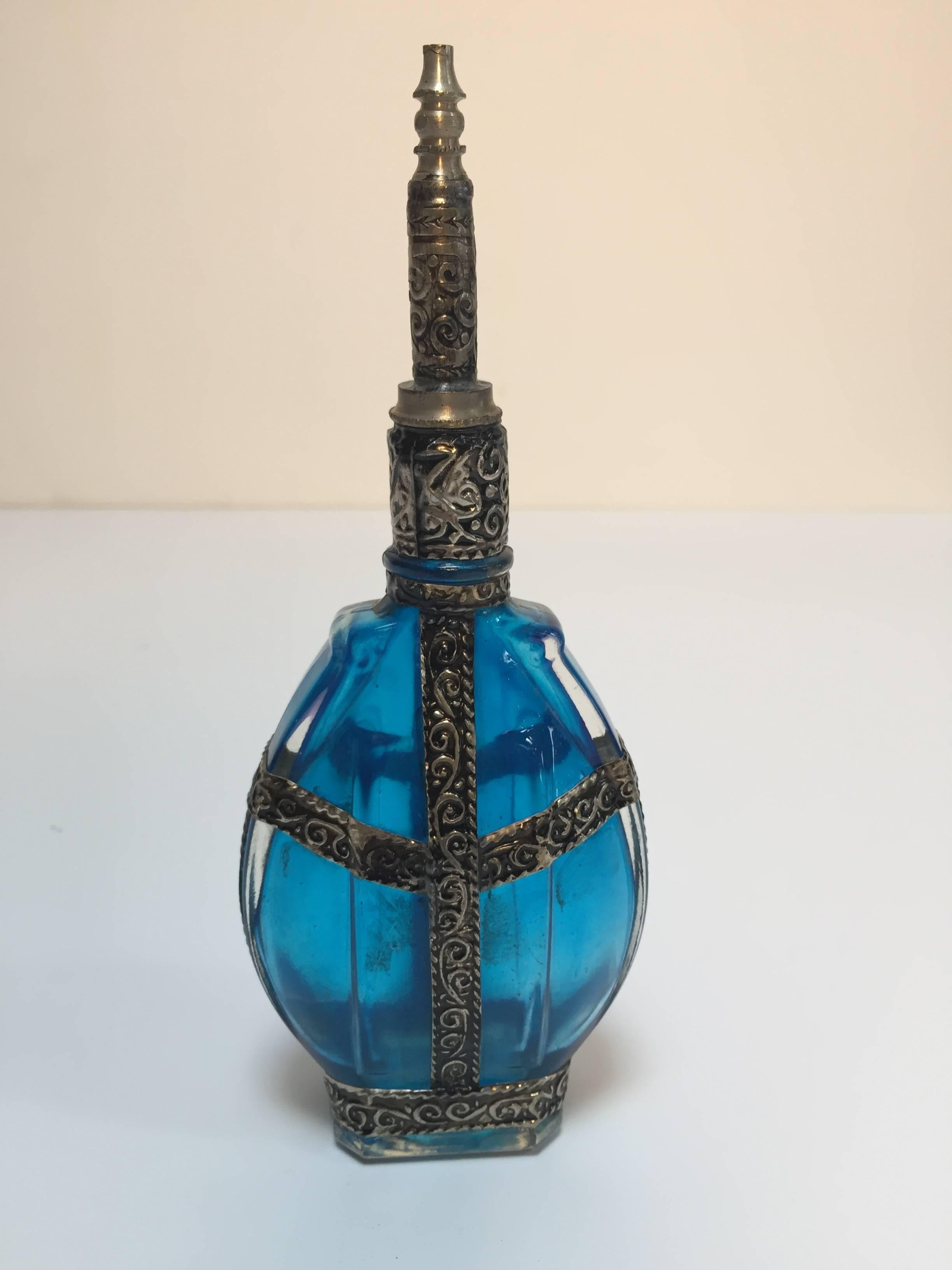 Turkish Moorish Rose Water Sprinkler Blue Glass Perfume Bottle with Metal Overlay