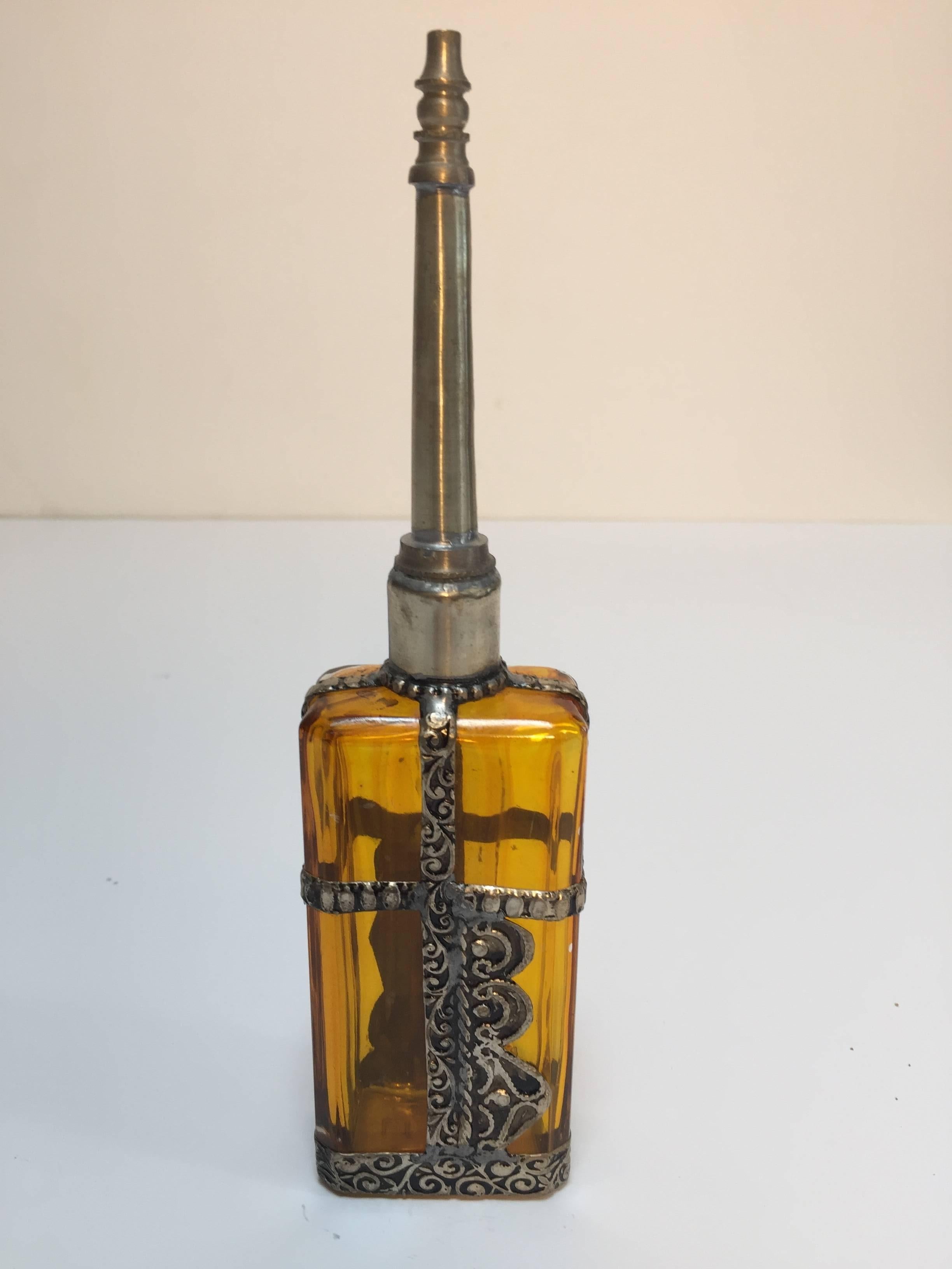 Moorish Moroccan Perfume Sprinkler with Embossed Silvered Metal Design Overlay