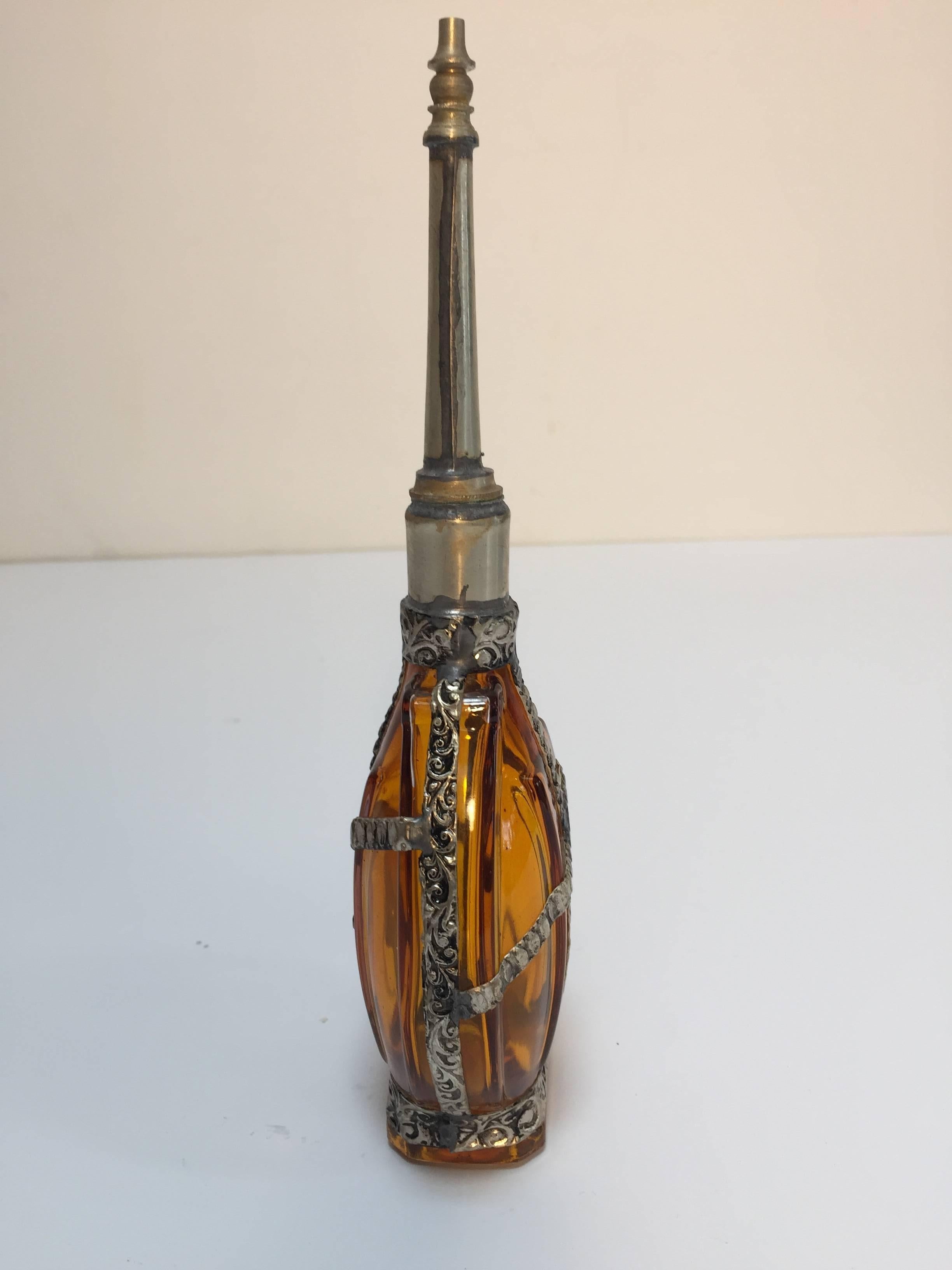 Hand-Crafted Moorish Glass Perfume Bottle Sprinkler with Embossed Metal Overlay For Sale