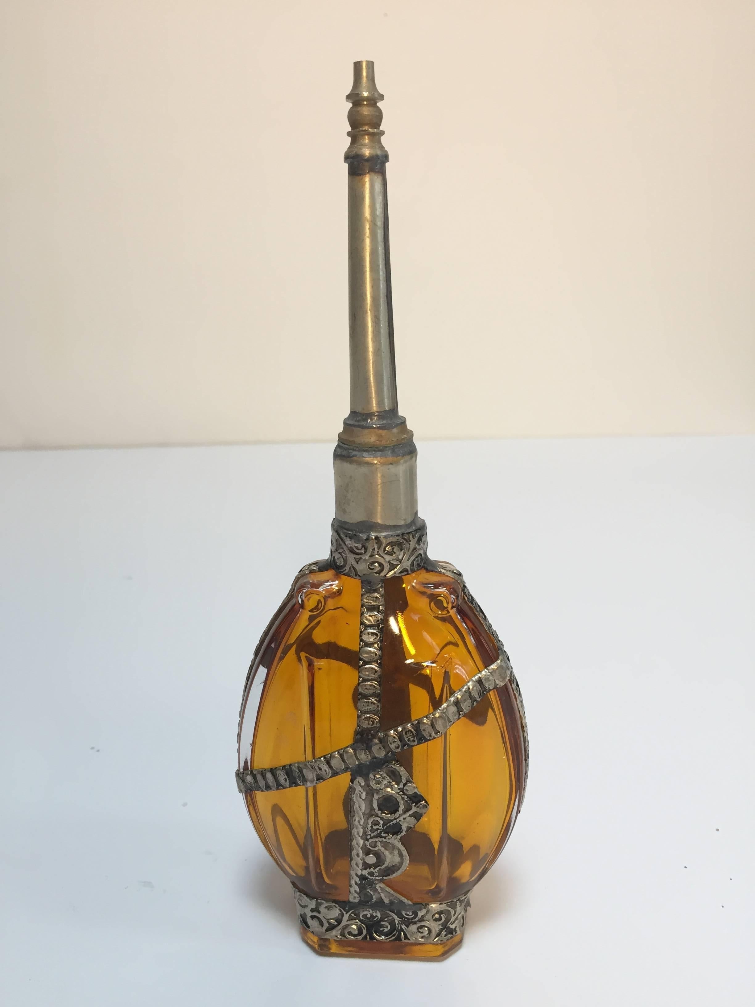 Moorish Glass Perfume Bottle Sprinkler with Embossed Metal Overlay In Good Condition For Sale In North Hollywood, CA