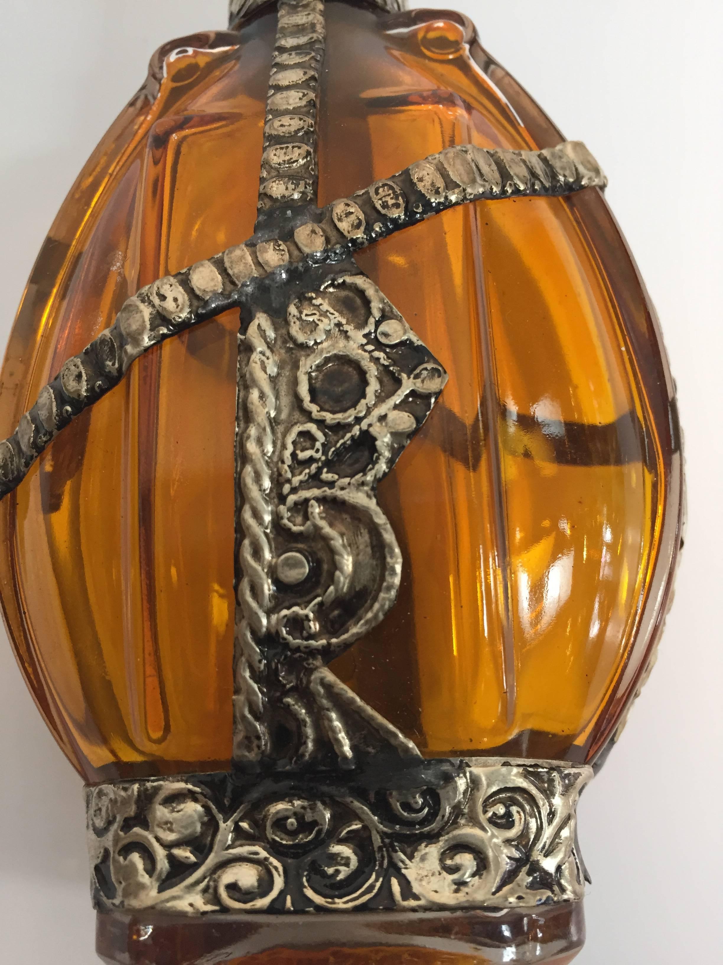 20th Century Moorish Glass Perfume Bottle Sprinkler with Embossed Metal Overlay For Sale
