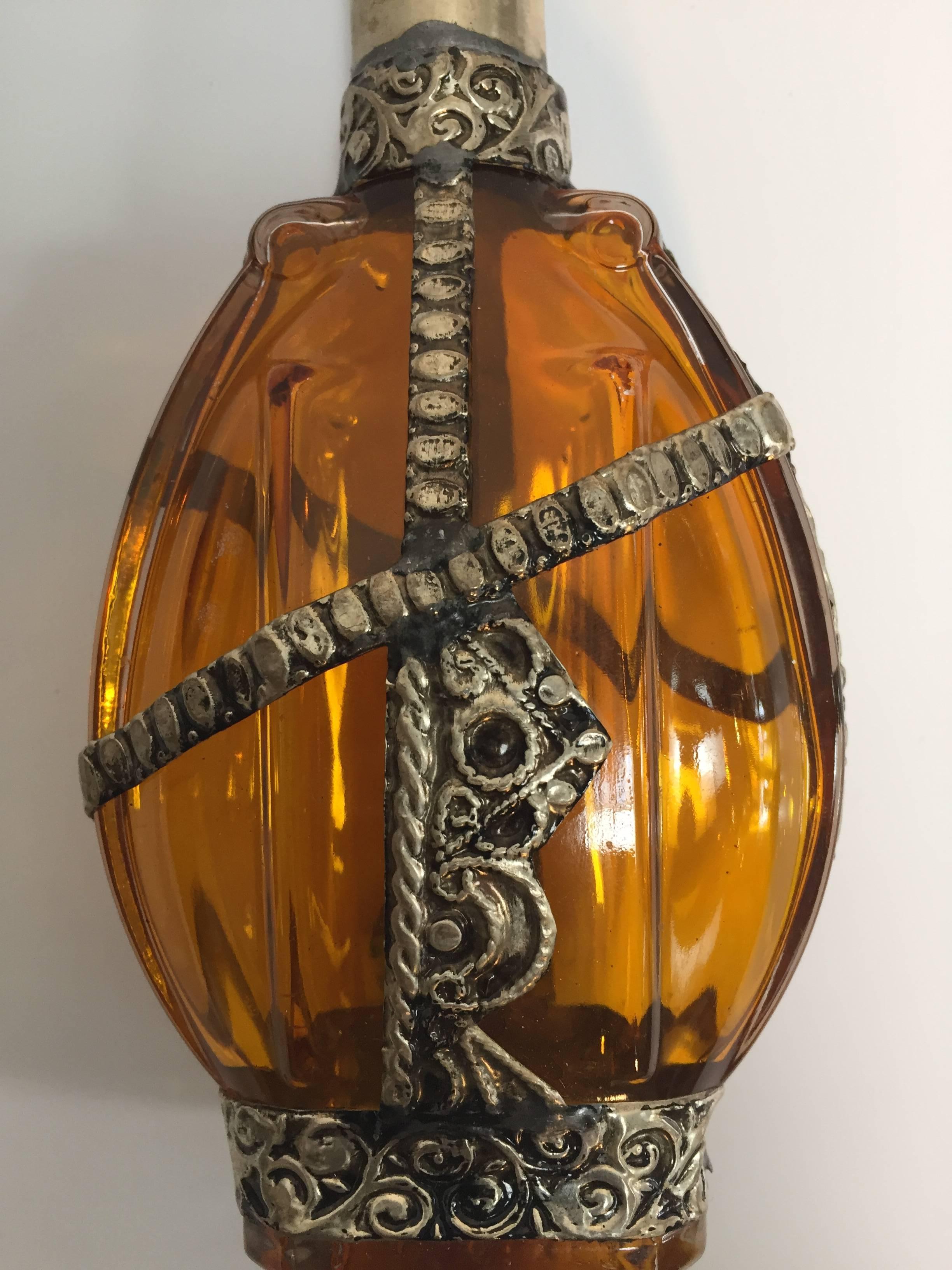 Moorish Glass Perfume Bottle Sprinkler with Embossed Metal Overlay For Sale 2