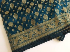 Ceremonial Anglo Raj Silk Sari in Blue and Gold Embroidery