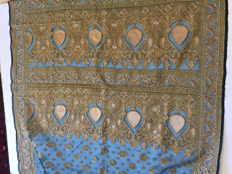 Ceremonial Anglo Raj Silk Sari in Blue and Gold Embroidery at 1stDibs