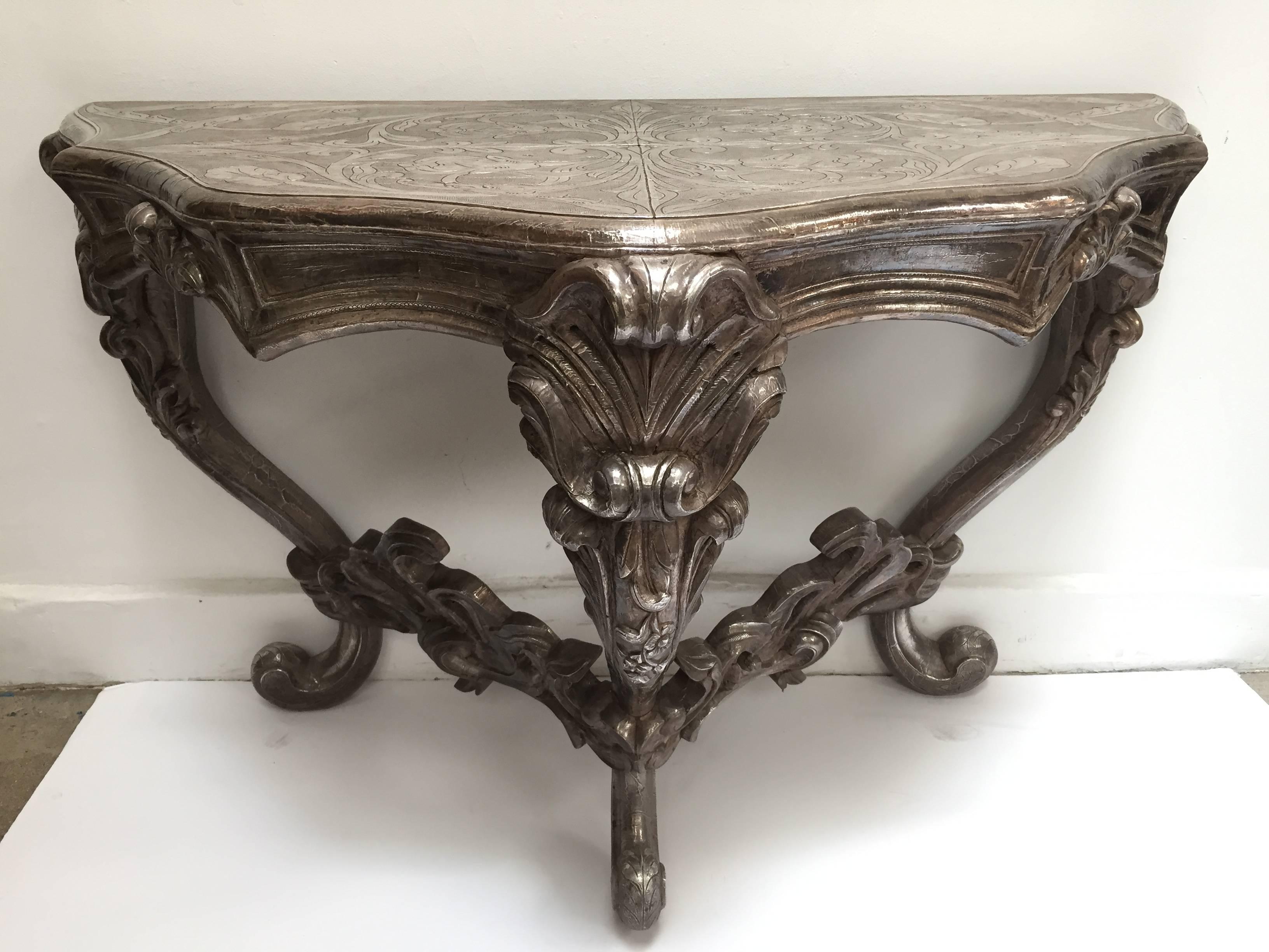 Silver Leaf Anglo-Indian Silvered Wrapped Clad Console Table in Louis XV Style