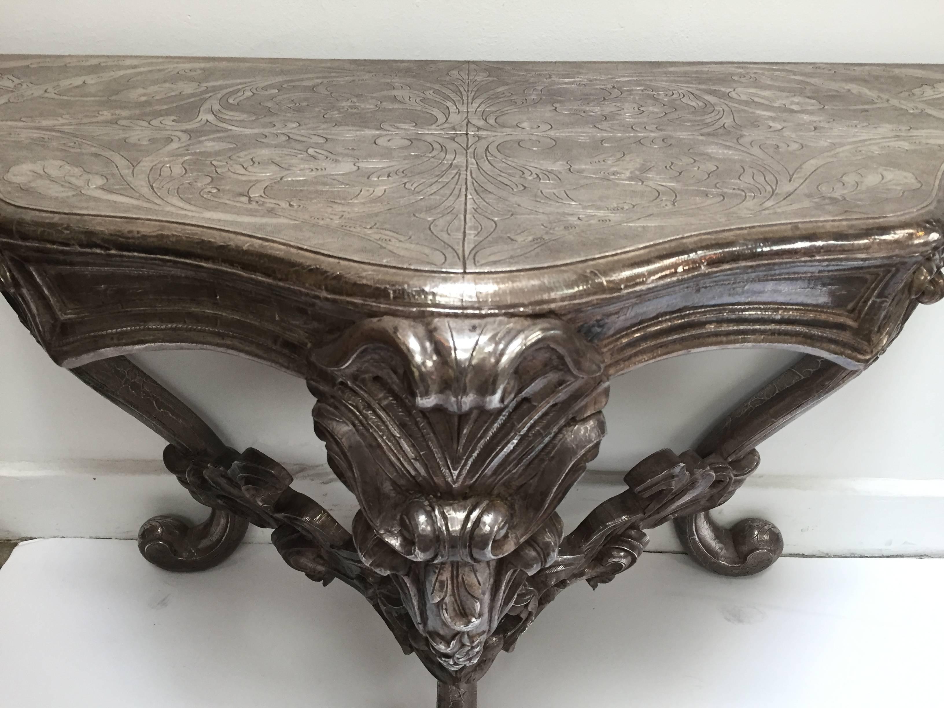 Anglo-Indian Silvered Wrapped Clad Console Table in Louis XV Style 1