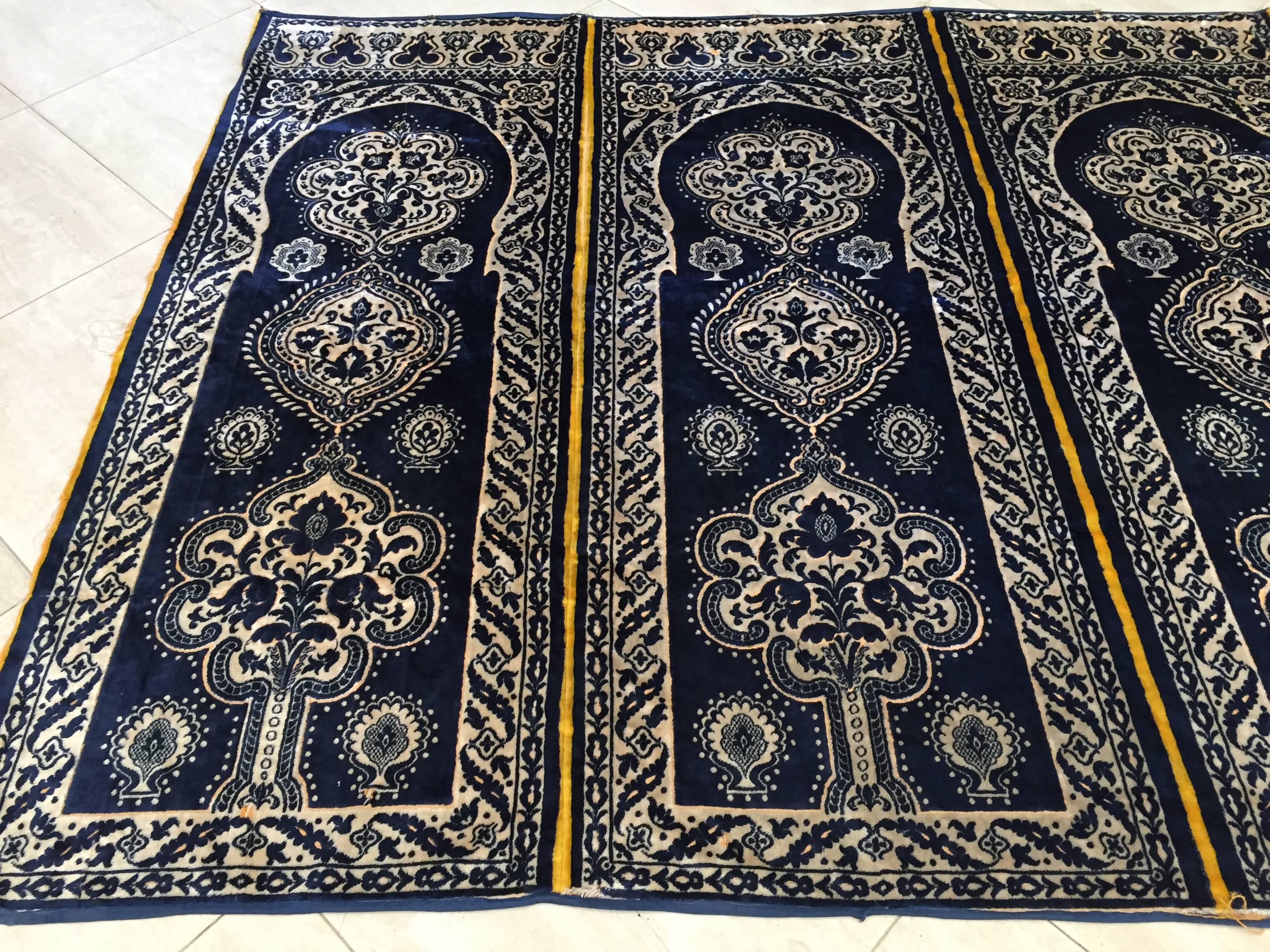 Antique Moroccan Moorish silk tapestry. 
Silk velvet cut designs, yellow, cream and blue, the panel consist on four arches with Islamic floral designs. 
Antique textiles from early 1900s. 
Each arch panel is 62