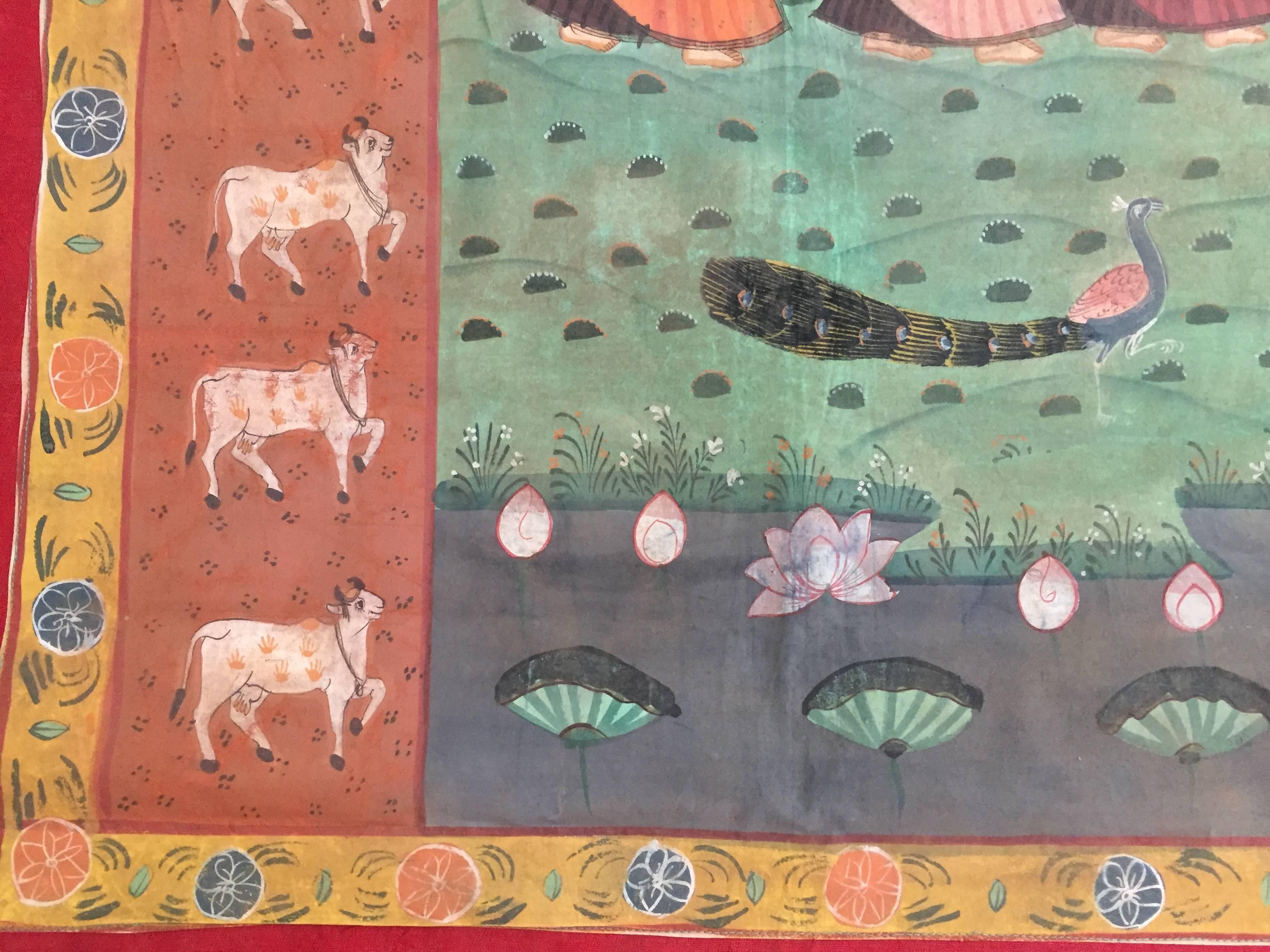 Large Pichhavai Silk Hand Painting In Good Condition In North Hollywood, CA