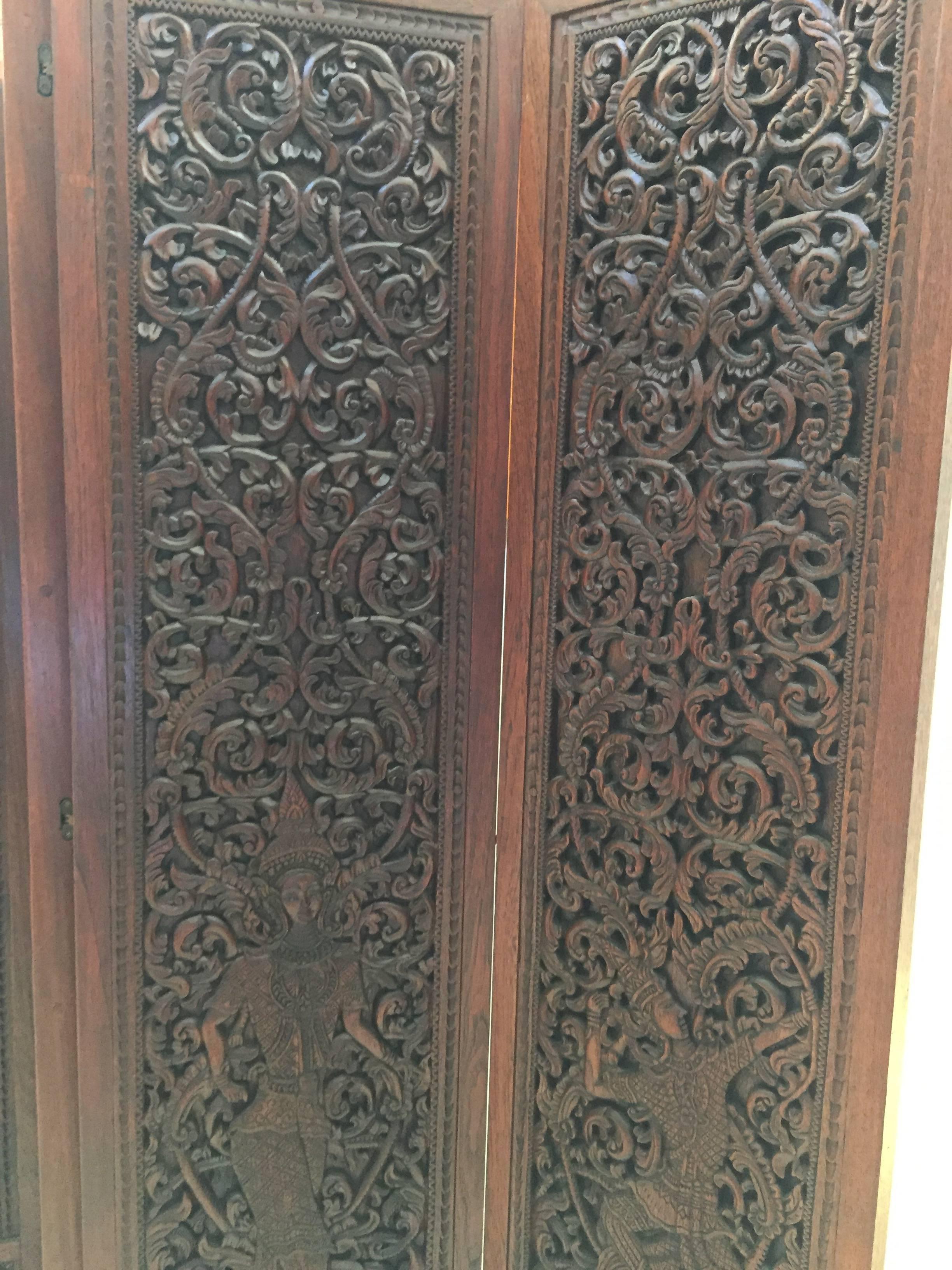 Colonial Revival Asian Hand-Carved Wood Five Panels Double-Sided Folding Screen Room Divider