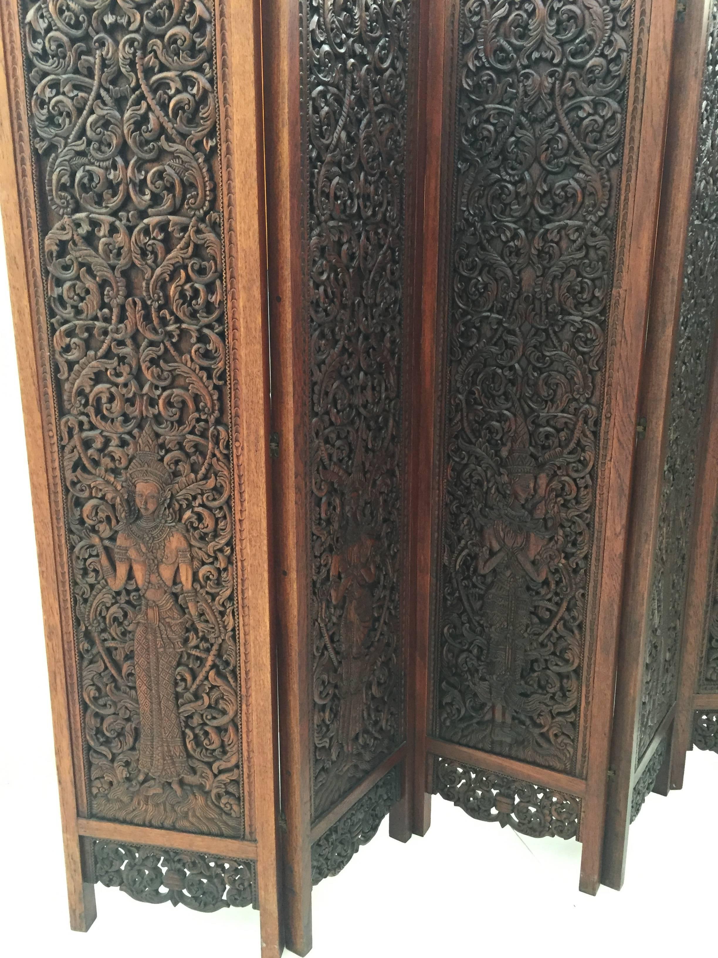 Thai Asian Hand-Carved Wood Five Panels Double-Sided Folding Screen Room Divider