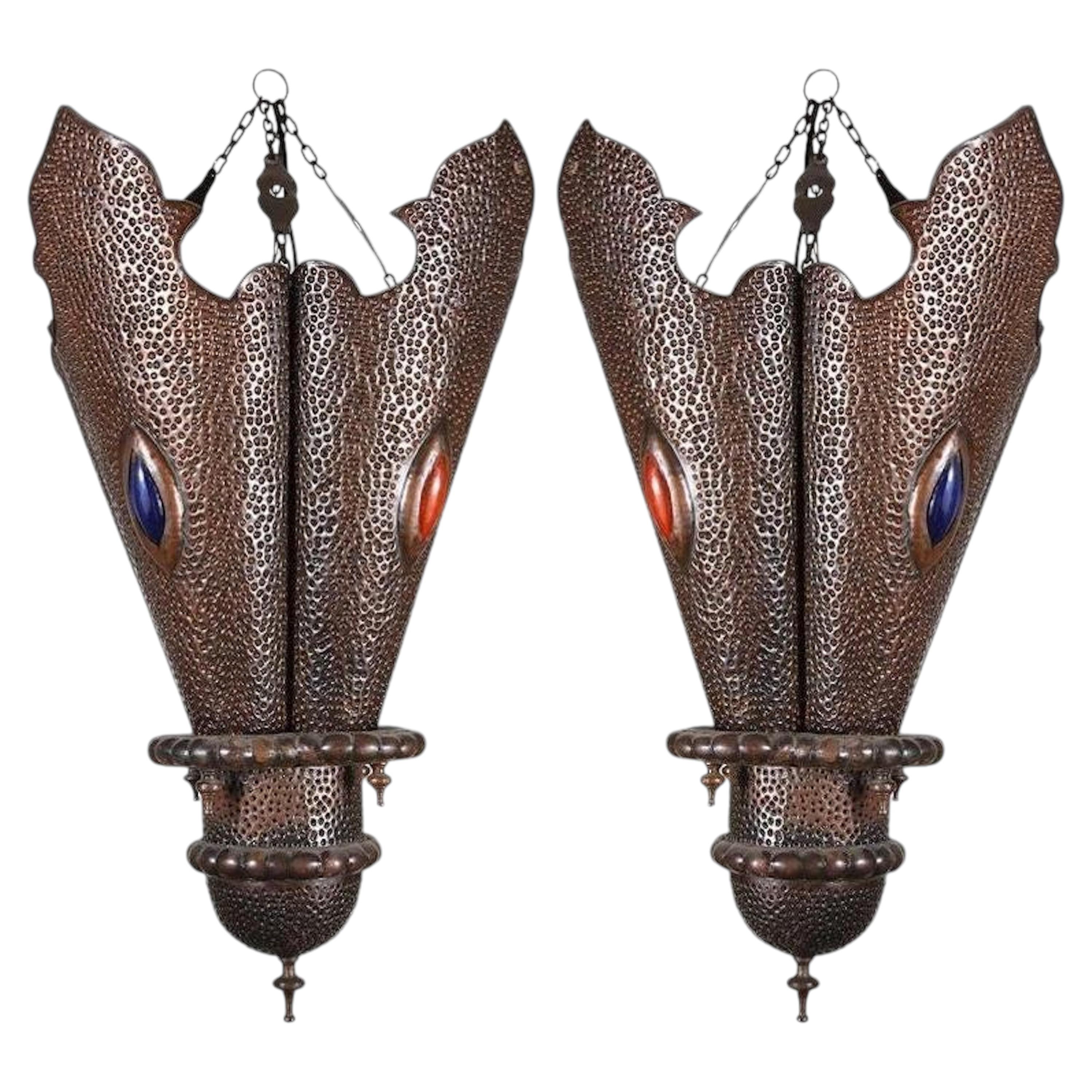 Pair of Moroccan Moorish Pierced Metal Lanterns with Blue and Amber Glass For Sale