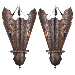 Pair of Moroccan Moorish Pierced Metal Lanterns with Blue and Amber Glass