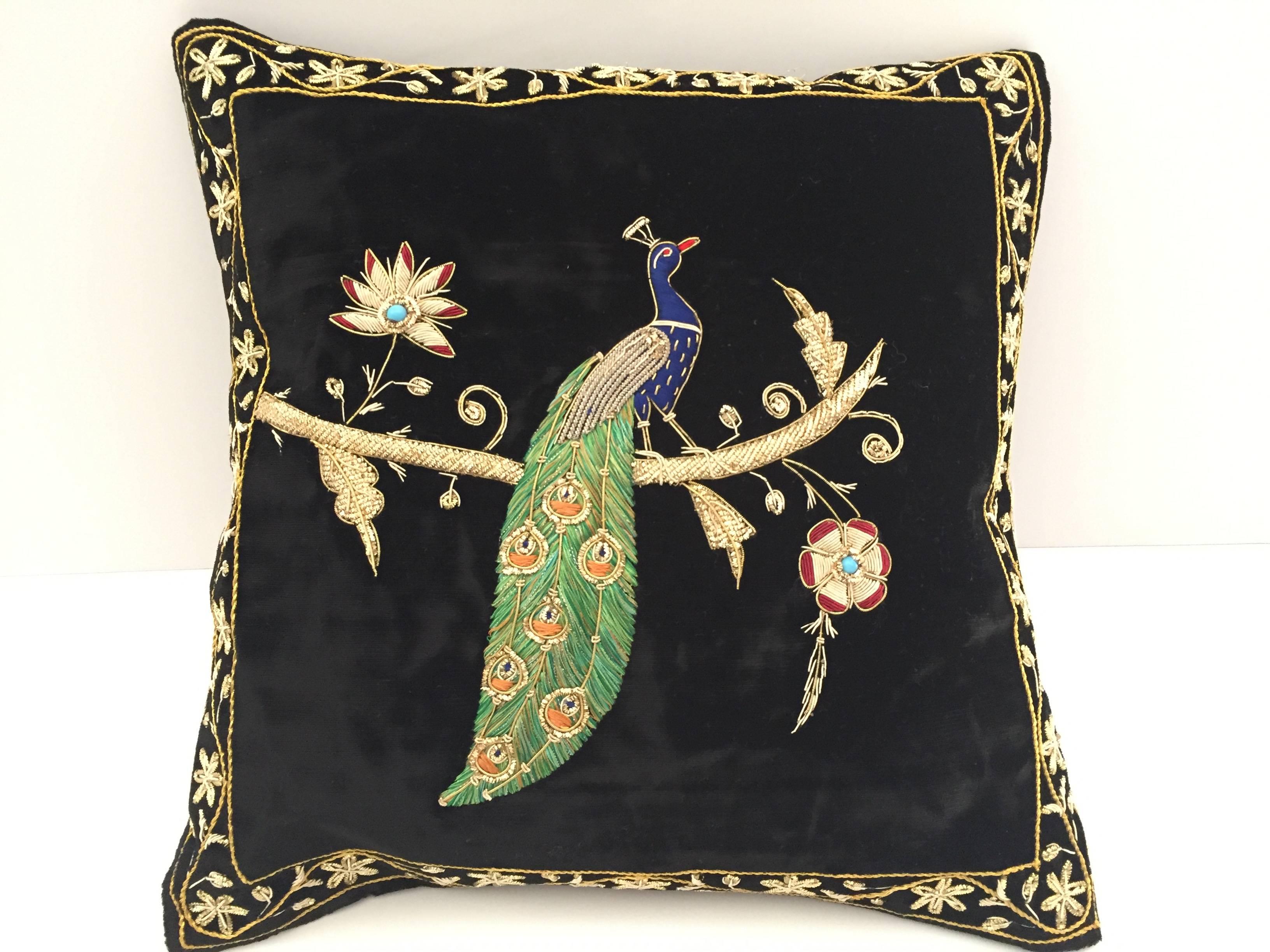 20th Century Velvet Black Silk Throw Pillow Embroidered with Gold Peacock Design