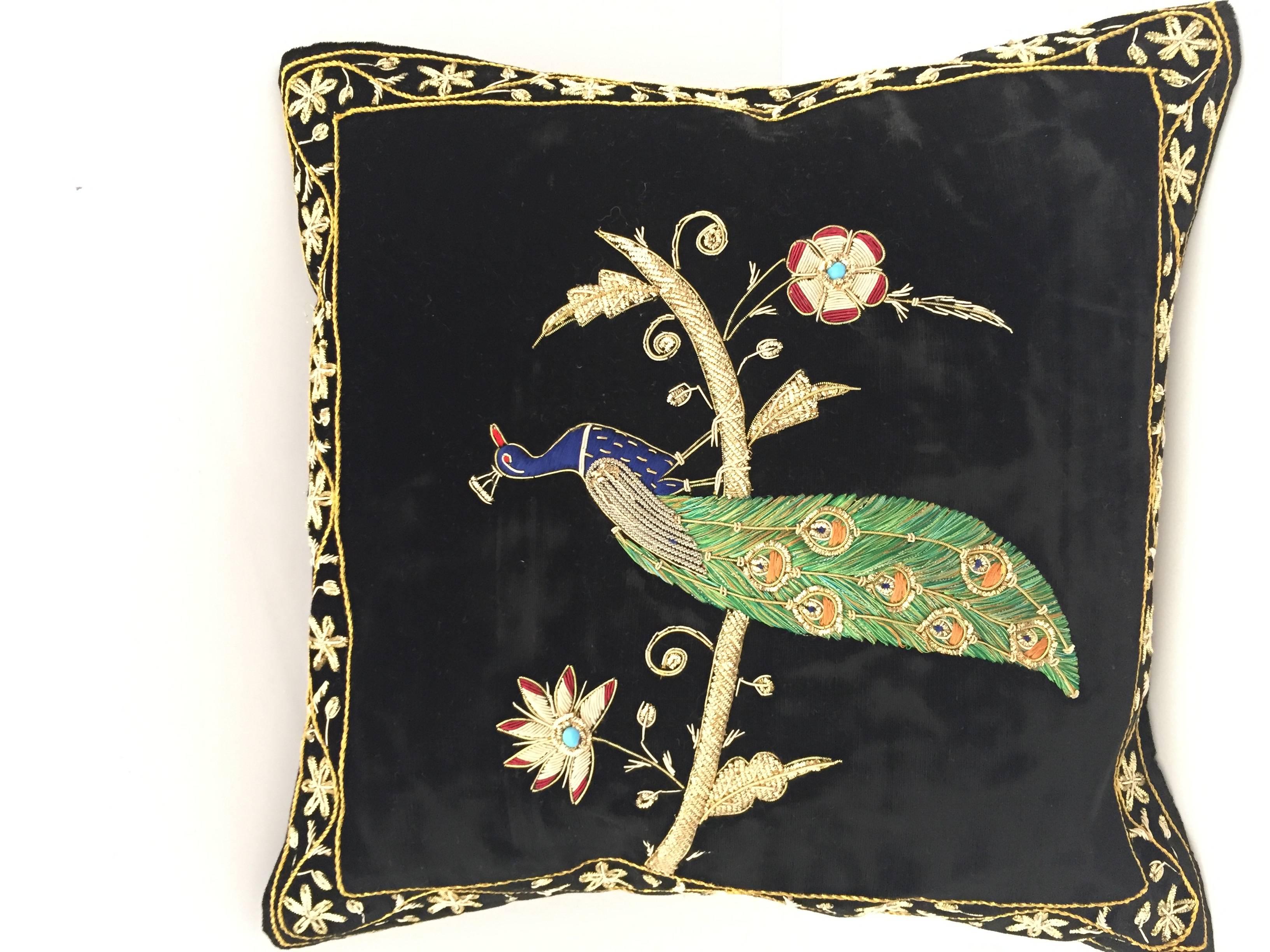 Velvet Black Silk Throw Pillow Embroidered with Gold Peacock Design 1