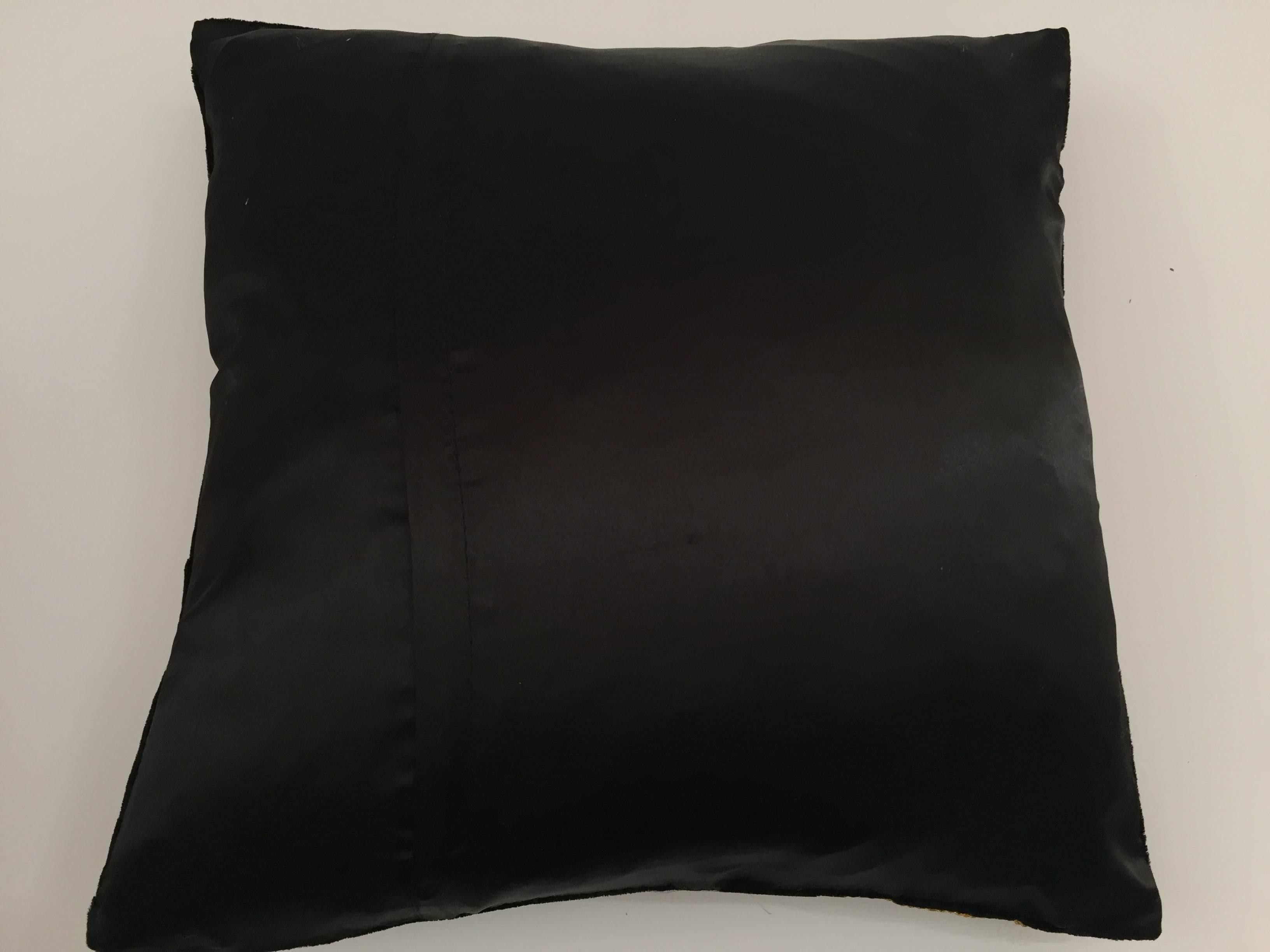 Velvet Black Silk Throw Pillow Embroidered with Gold Peacock Design 3