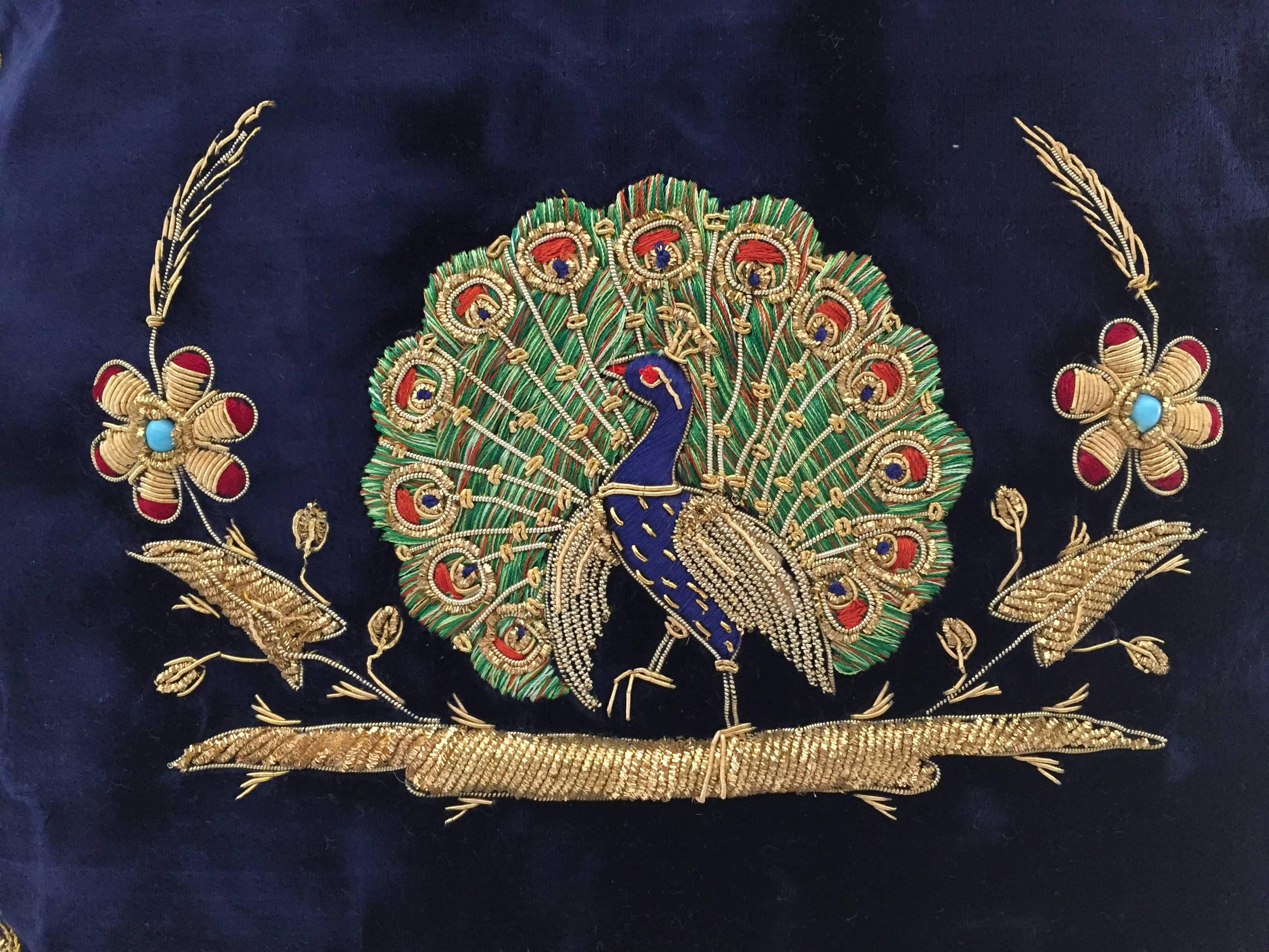 Velvet Blue Silk Pillow Embroidered with Gold Peacock In Good Condition In North Hollywood, CA