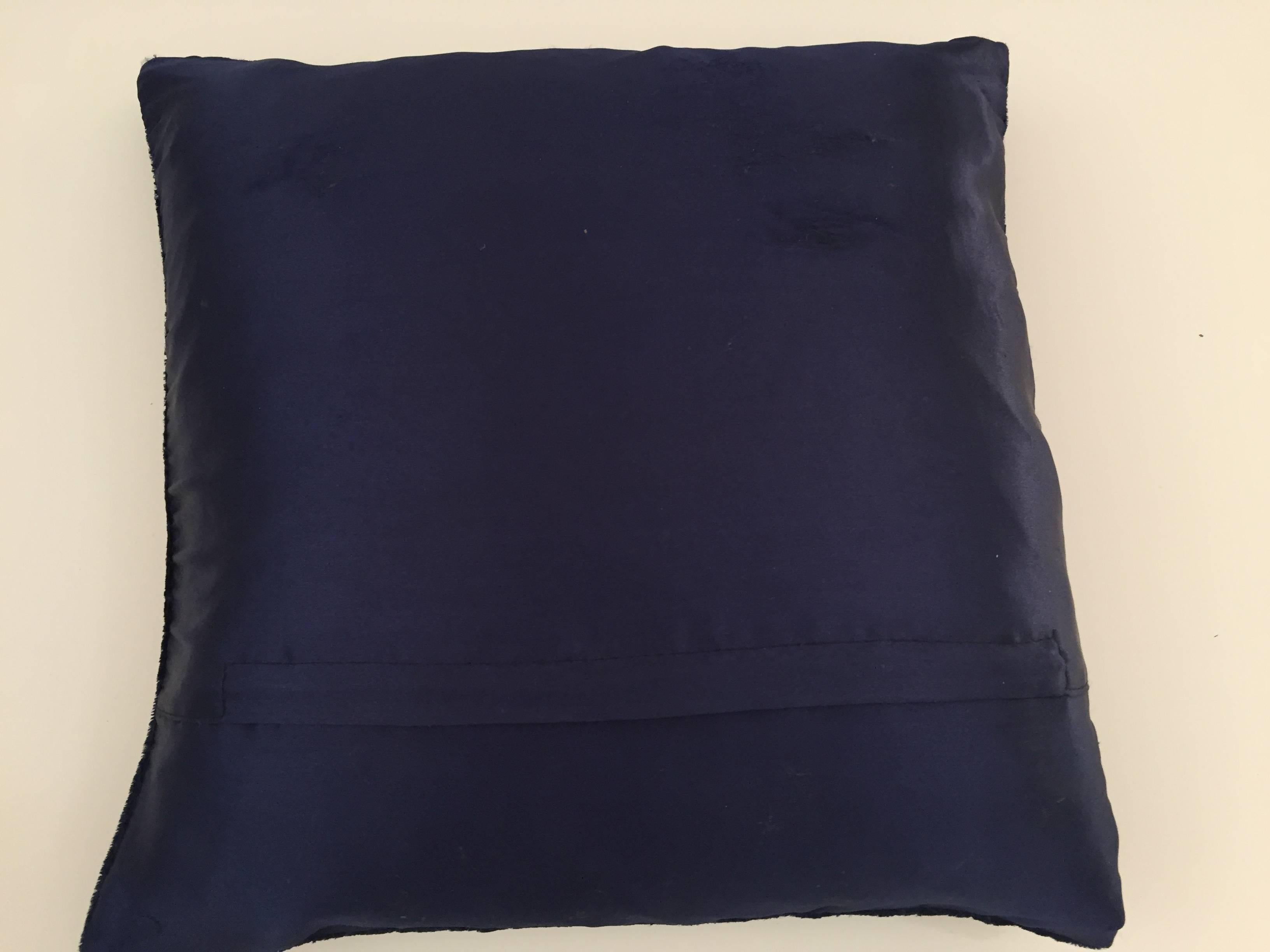 20th Century Velvet Blue Silk Pillow Embroidered with Gold Peacock