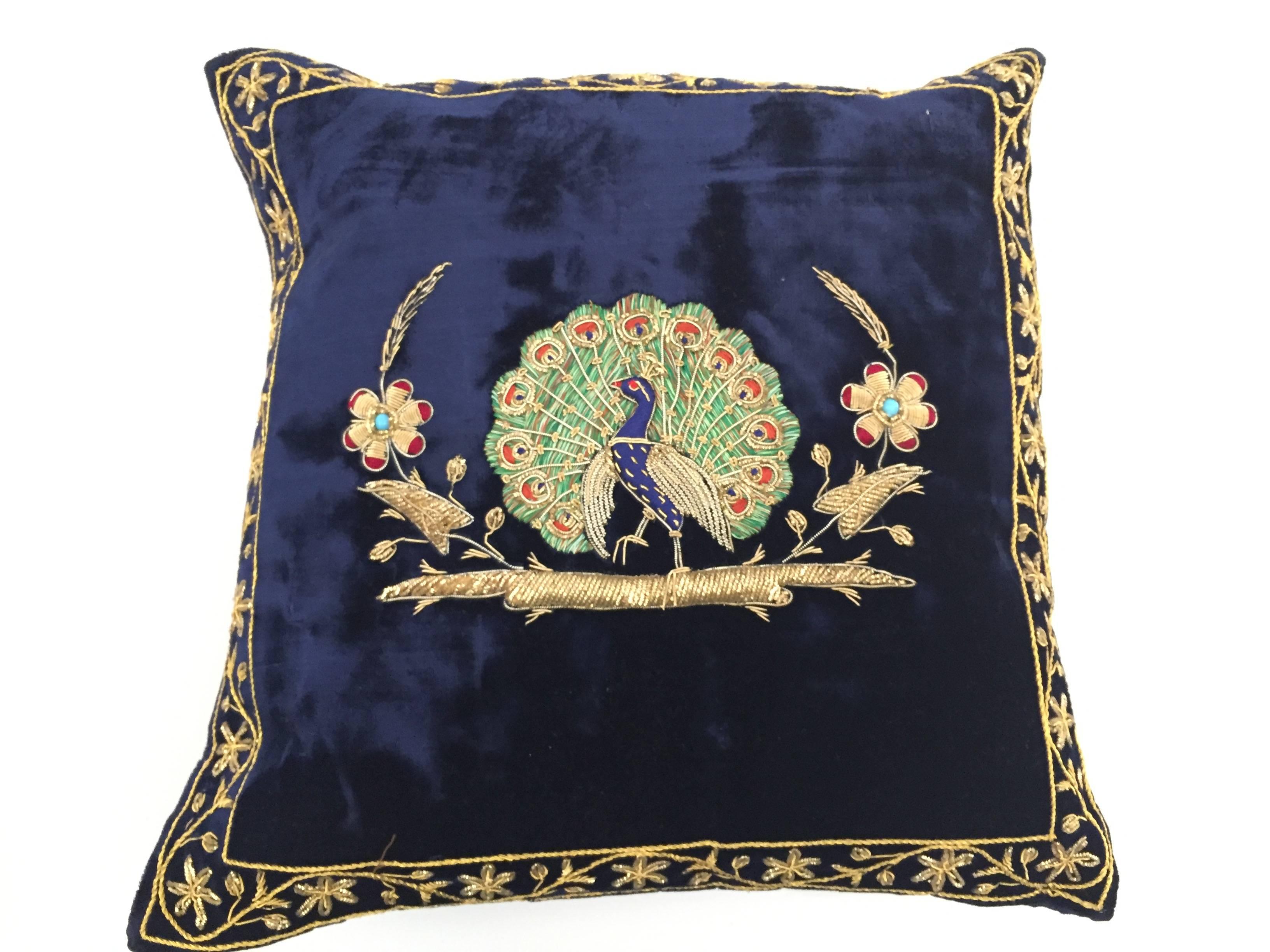 Velvet Blue Silk Pillow Embroidered with Gold Peacock 1