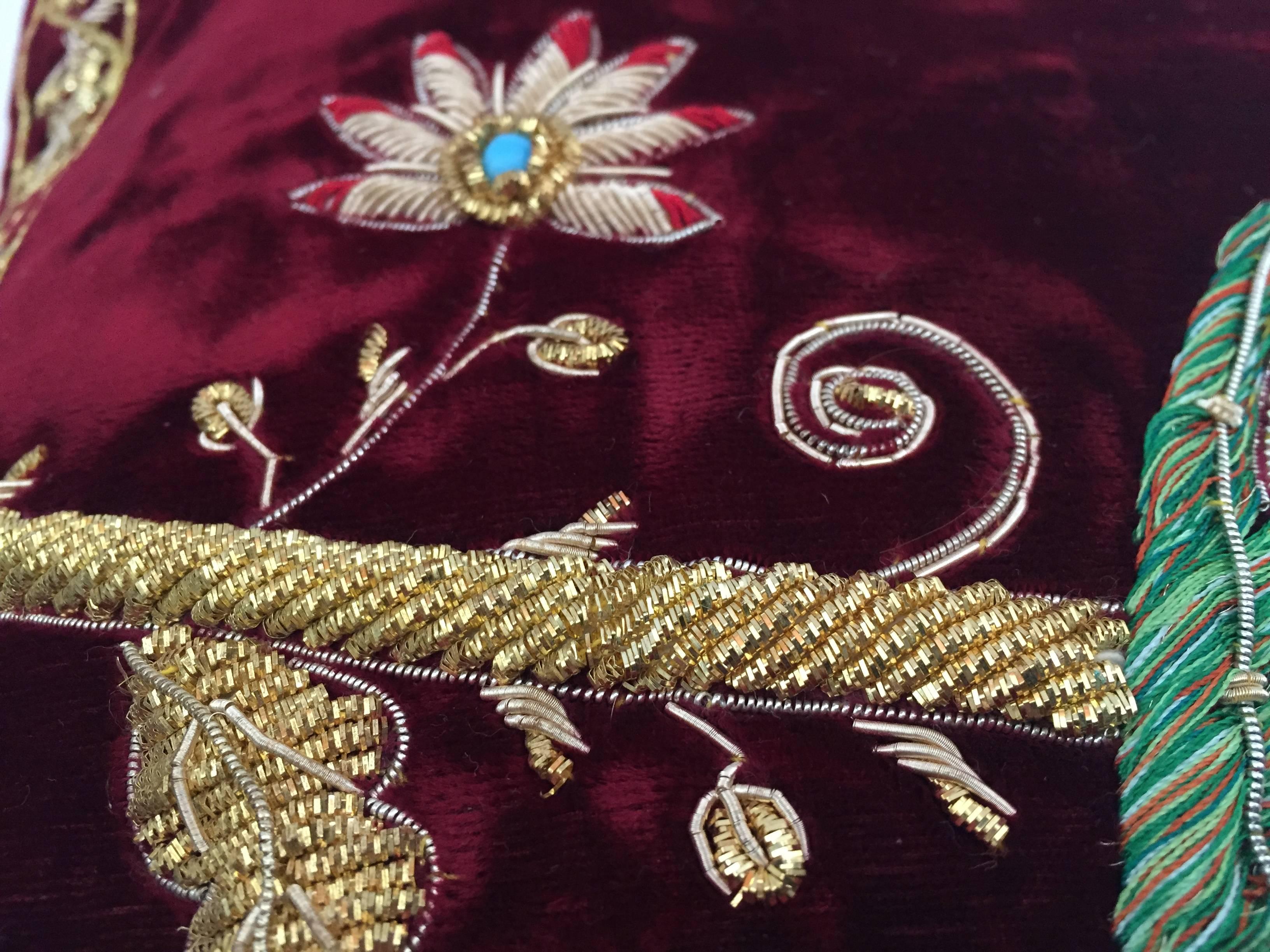 Velvet Burgundy Throw Silk Pillow Embroidered with Gold Peacock In Excellent Condition In North Hollywood, CA