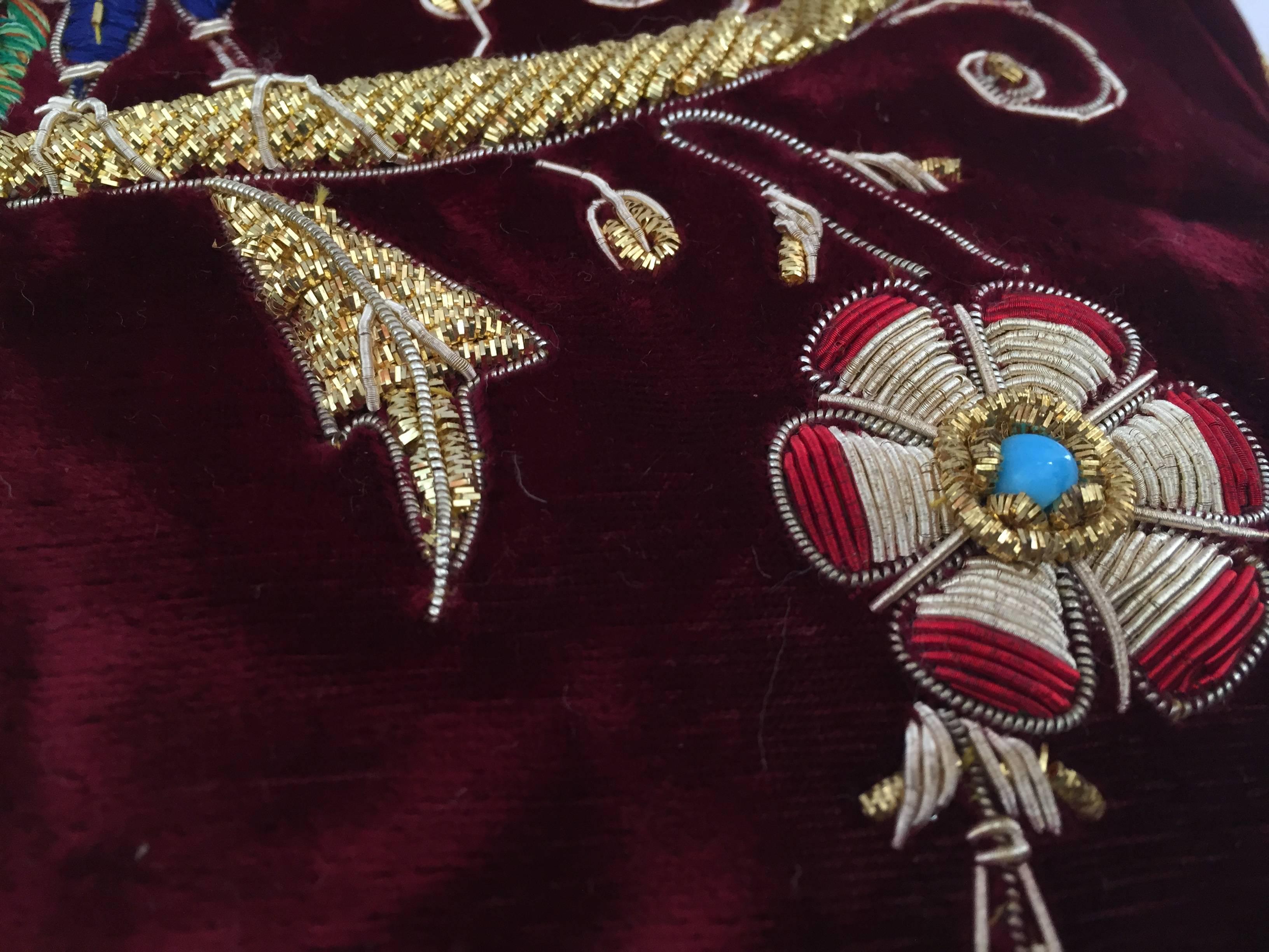 20th Century Velvet Burgundy Throw Silk Pillow Embroidered with Gold Peacock