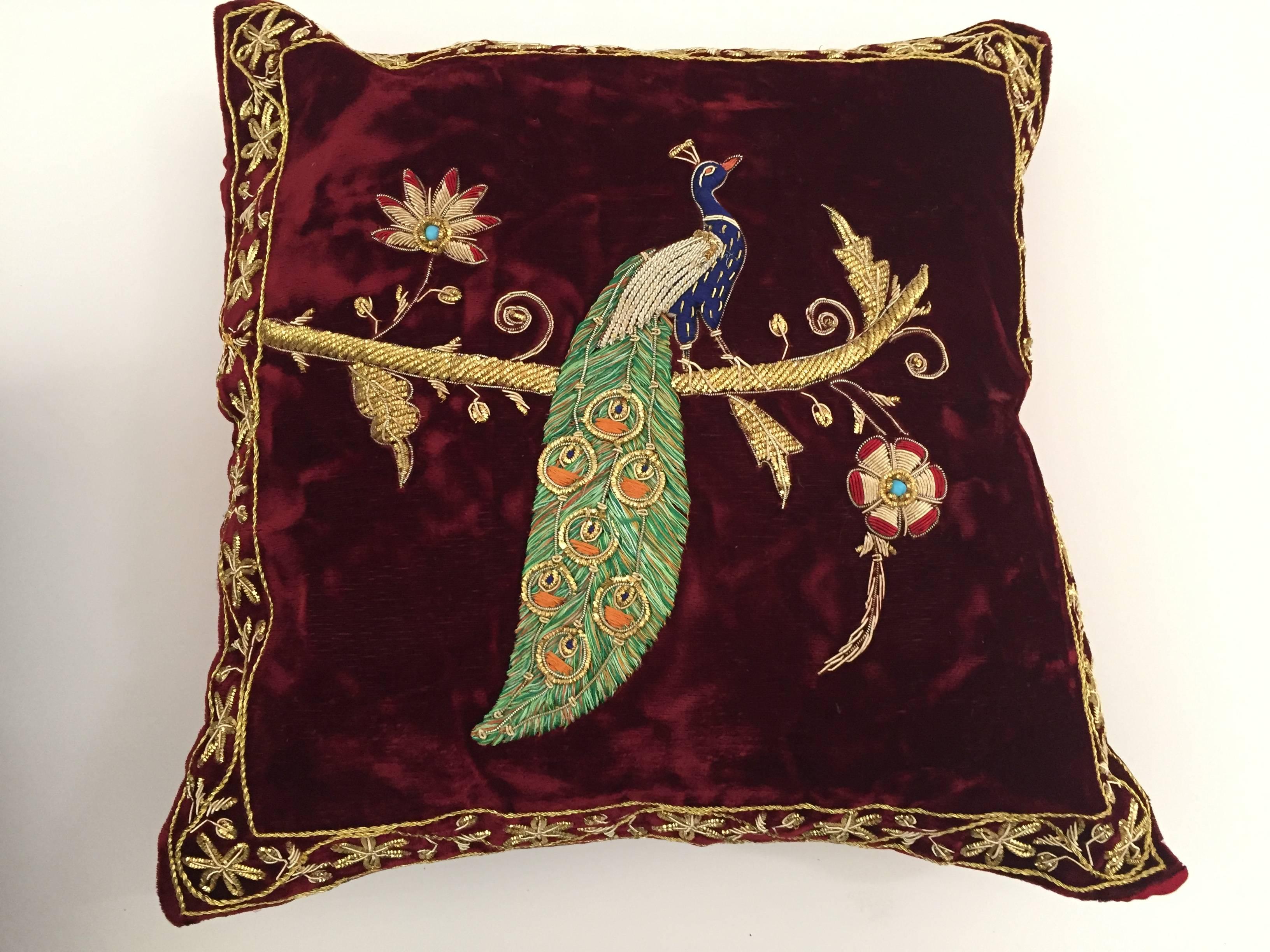 Velvet Burgundy Throw Silk Pillow Embroidered with Gold Peacock 1