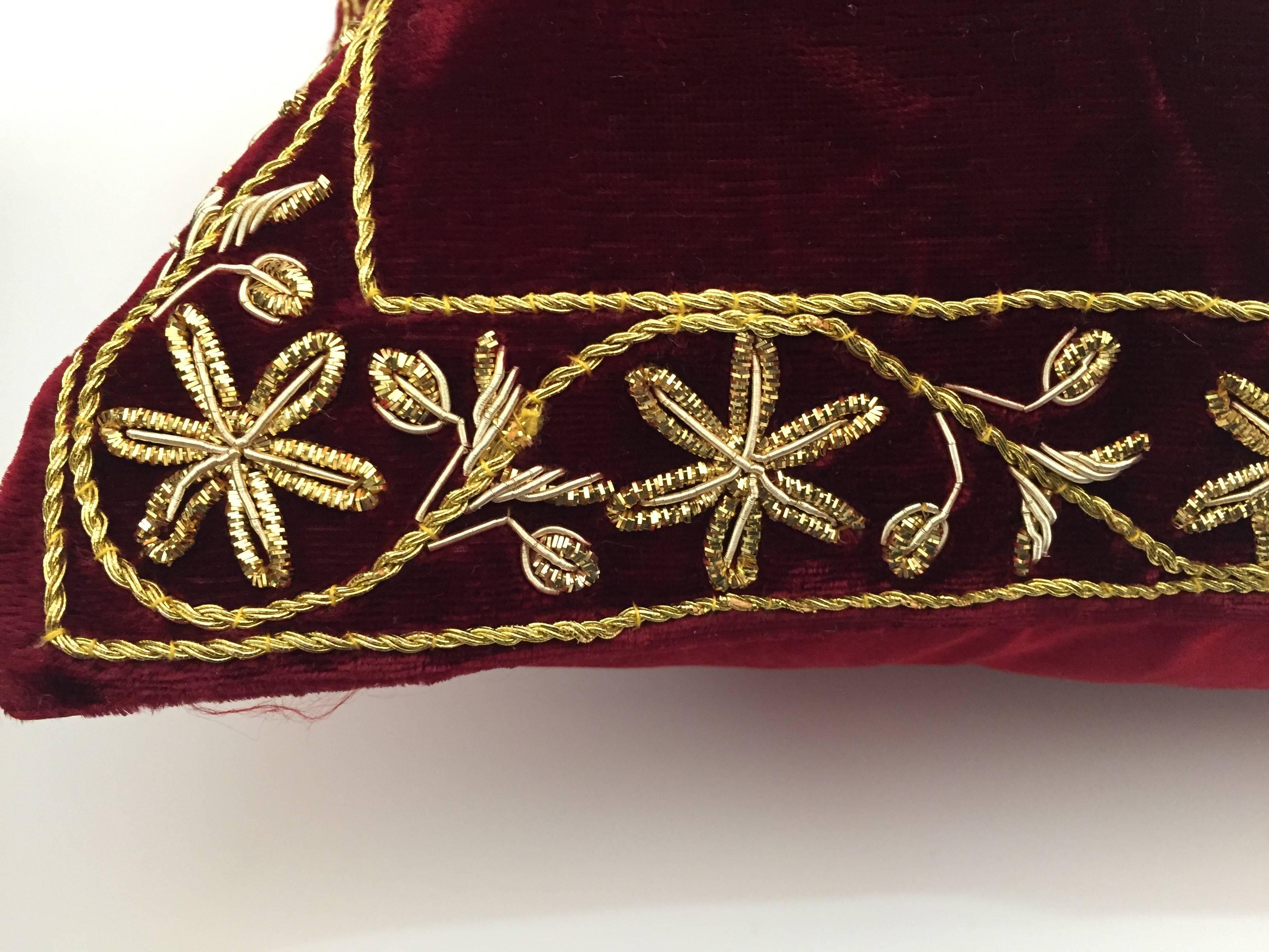 Velvet Burgundy Throw Silk Pillow Embroidered with Gold Peacock 2