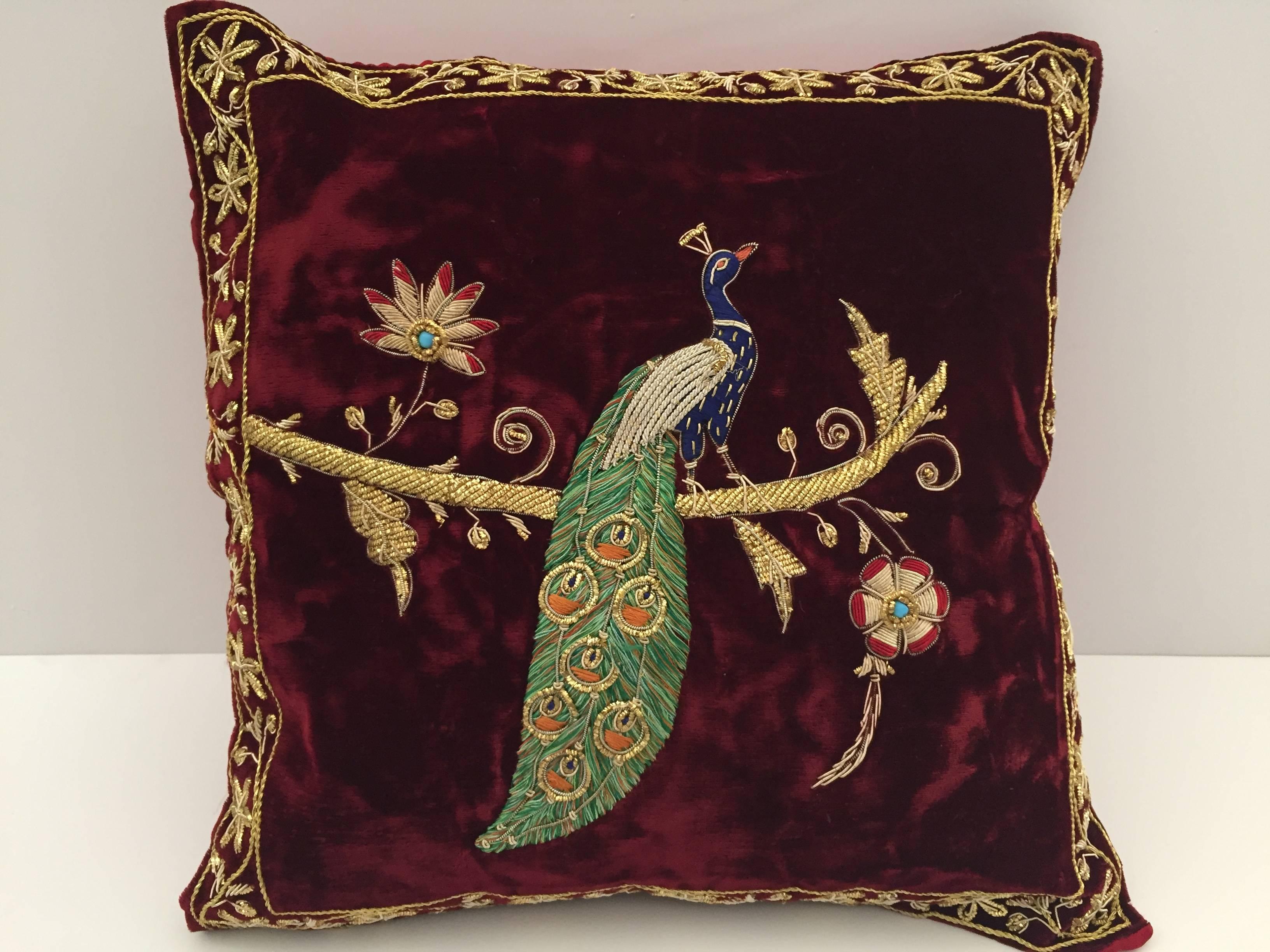 Velvet Burgundy Throw Silk Pillow Embroidered with Gold Peacock 4