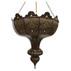 Large Moroccan Moorish Pierced-Brass Chandelier with Glass Insets, circa 1960