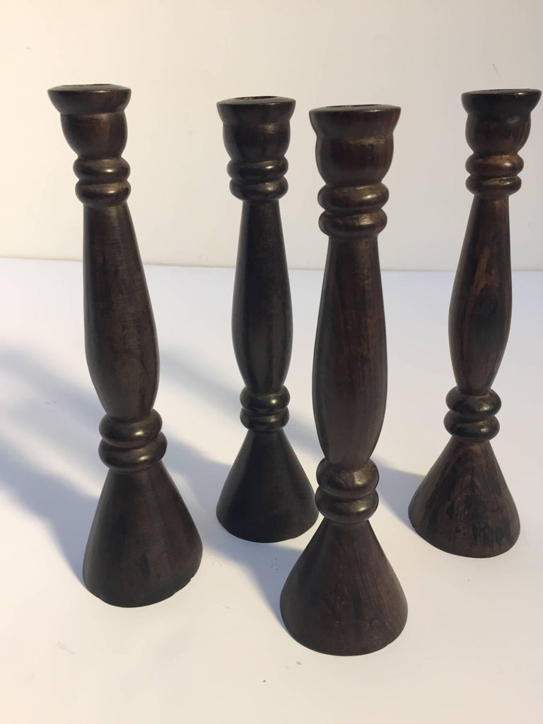 Set of Four Tall HandCarved Wood Candlesticks For Sale at 1stdibs