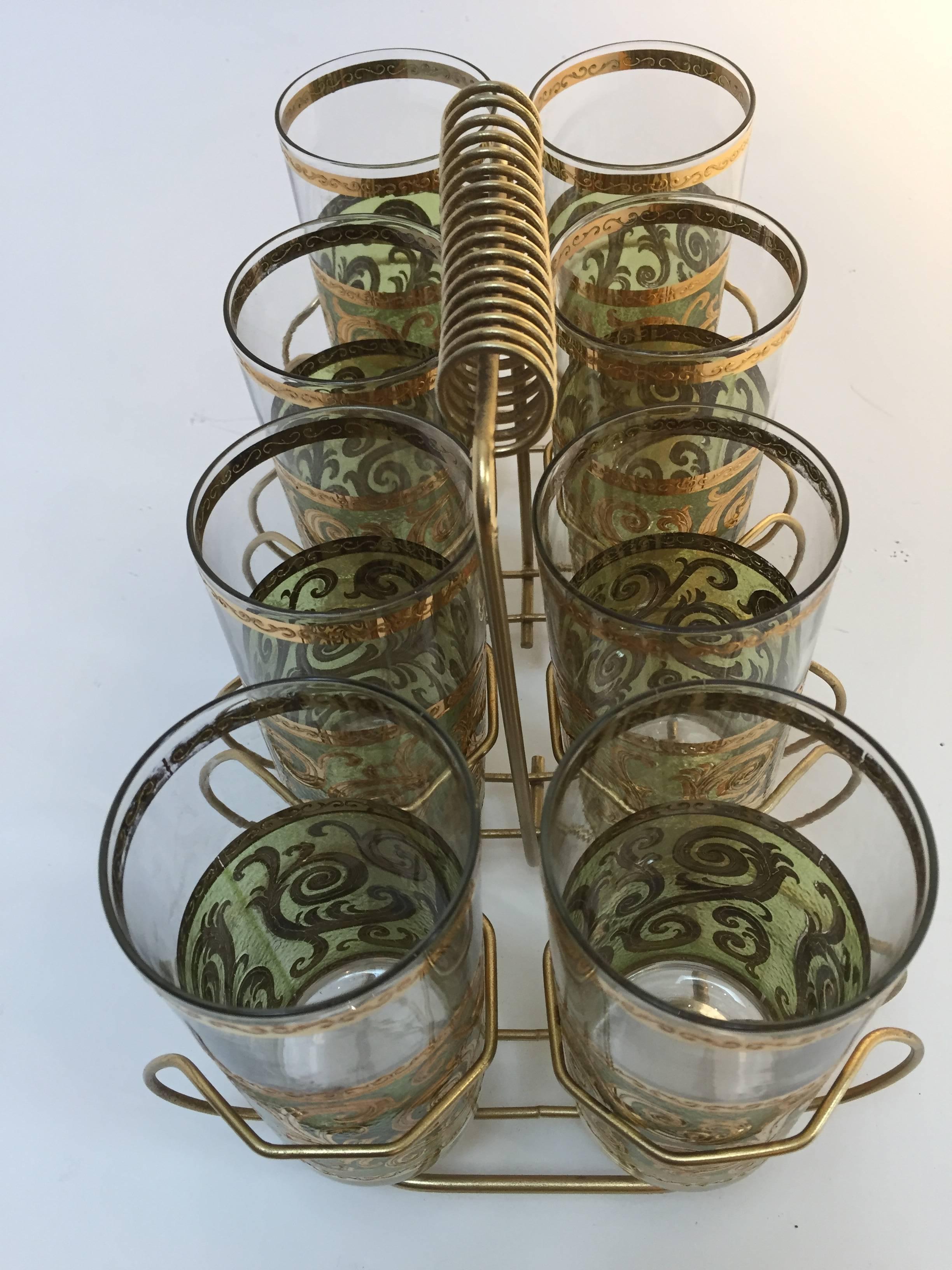 Mid-Century Modern Vintage Set of Eight Culver Toledo Drink Set with Brass Cart