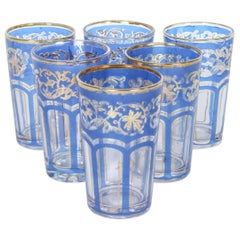 Set of Six Vintage Moroccan Blue and Gold Glasses