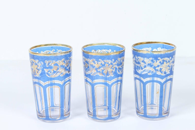 Set of Six Vintage Moroccan Blue and Gold Glasses For Sale at 1stdibs