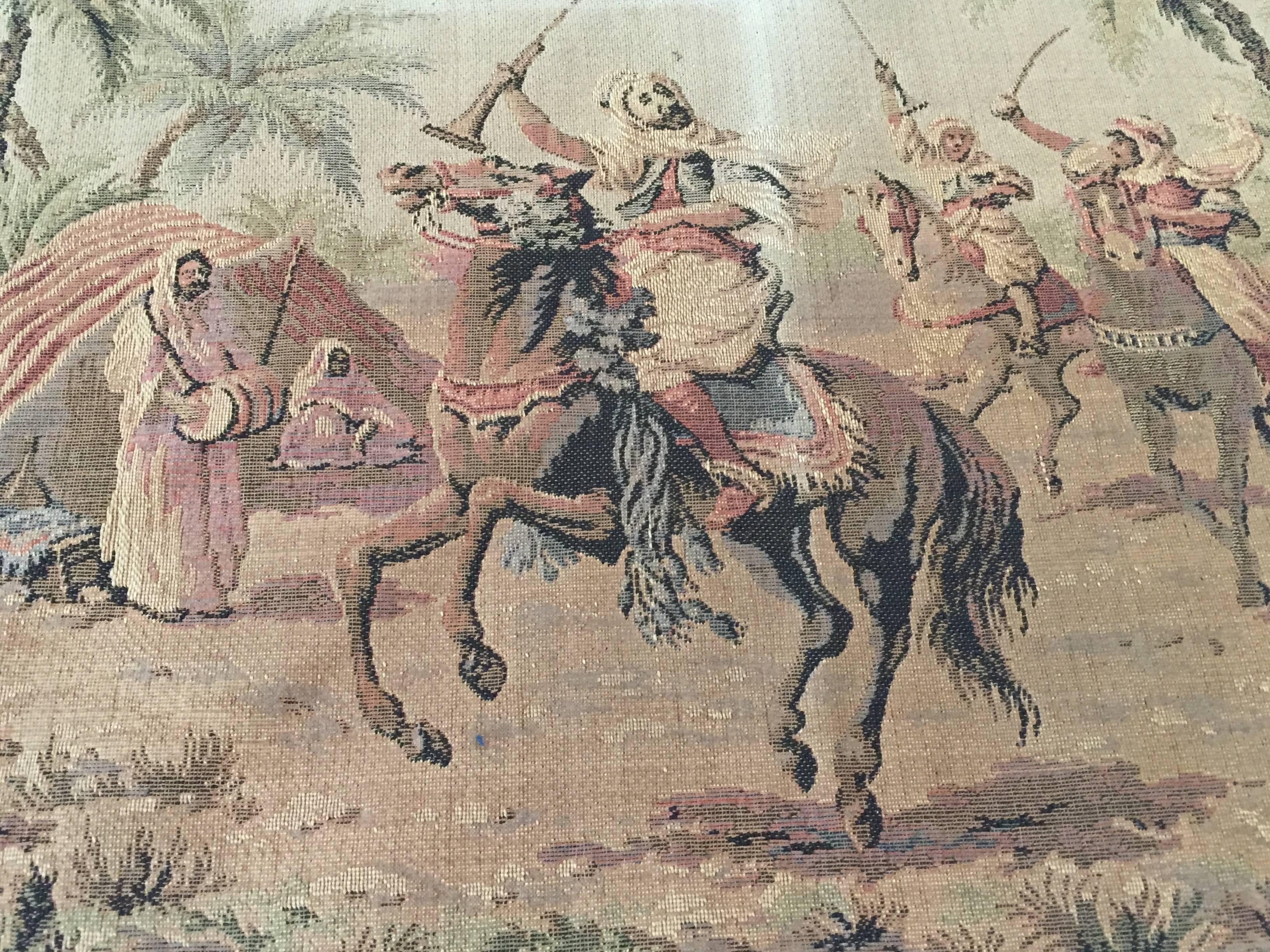 French Orientalist Tapestry with Arabs on Horse Hunting Scene in Aubusson Style