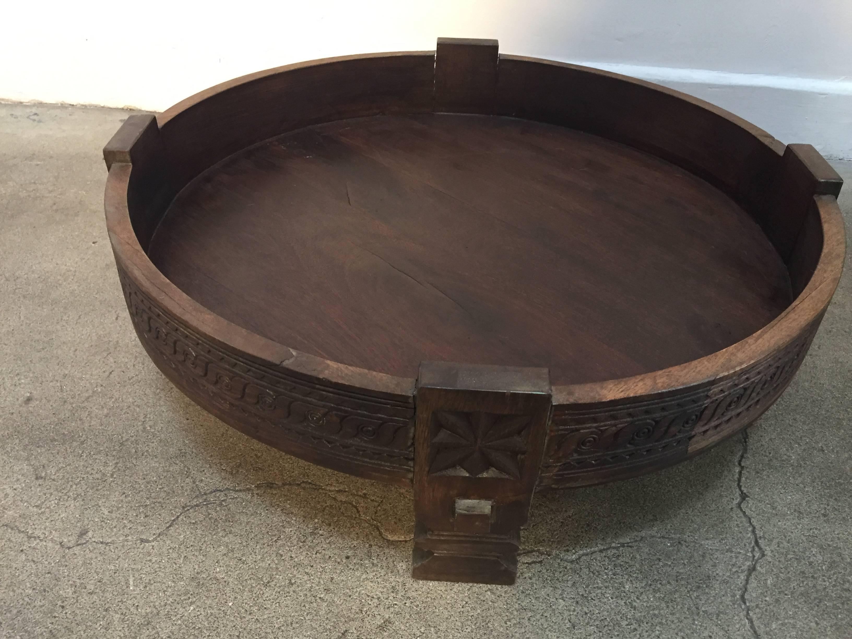 Cowhide Large Round Tribal Low Grinder Table Made into an Ottoman or Pouf