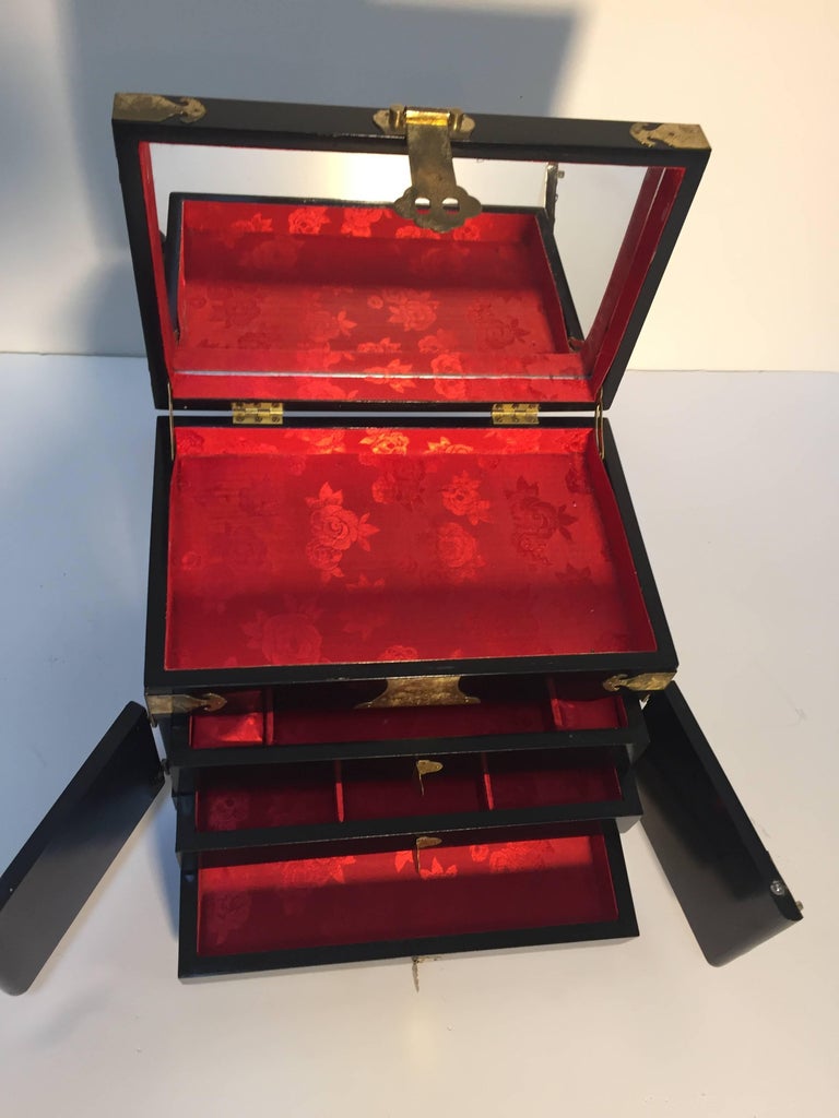 Black Lacquered Chinese Jewelry Box with Mother-of-Pearl Overlay at 1stDibs