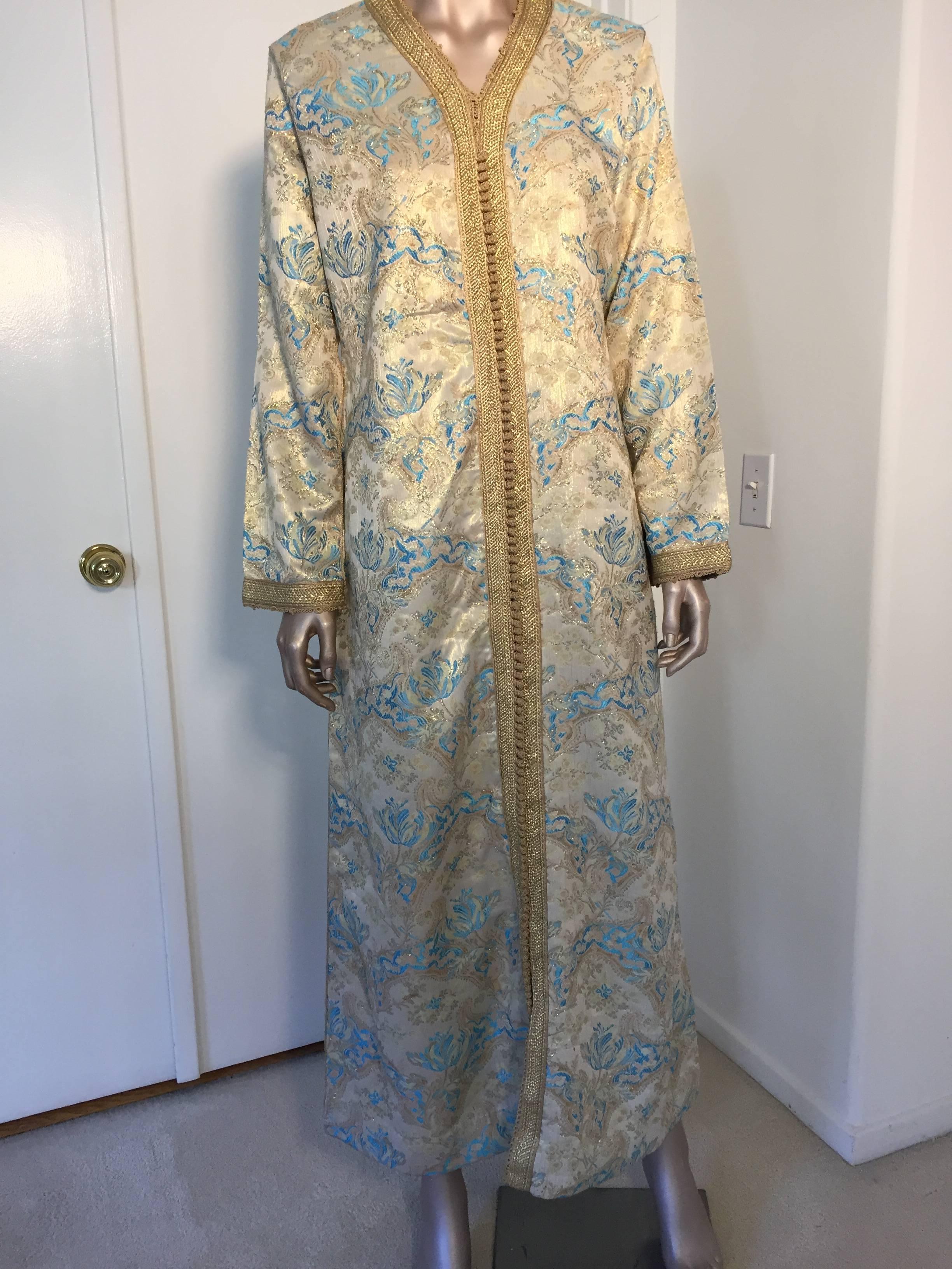 20th Century Moroccan Caftan, Turquoise and Gold Brocade Kaftan Size Medium For Sale