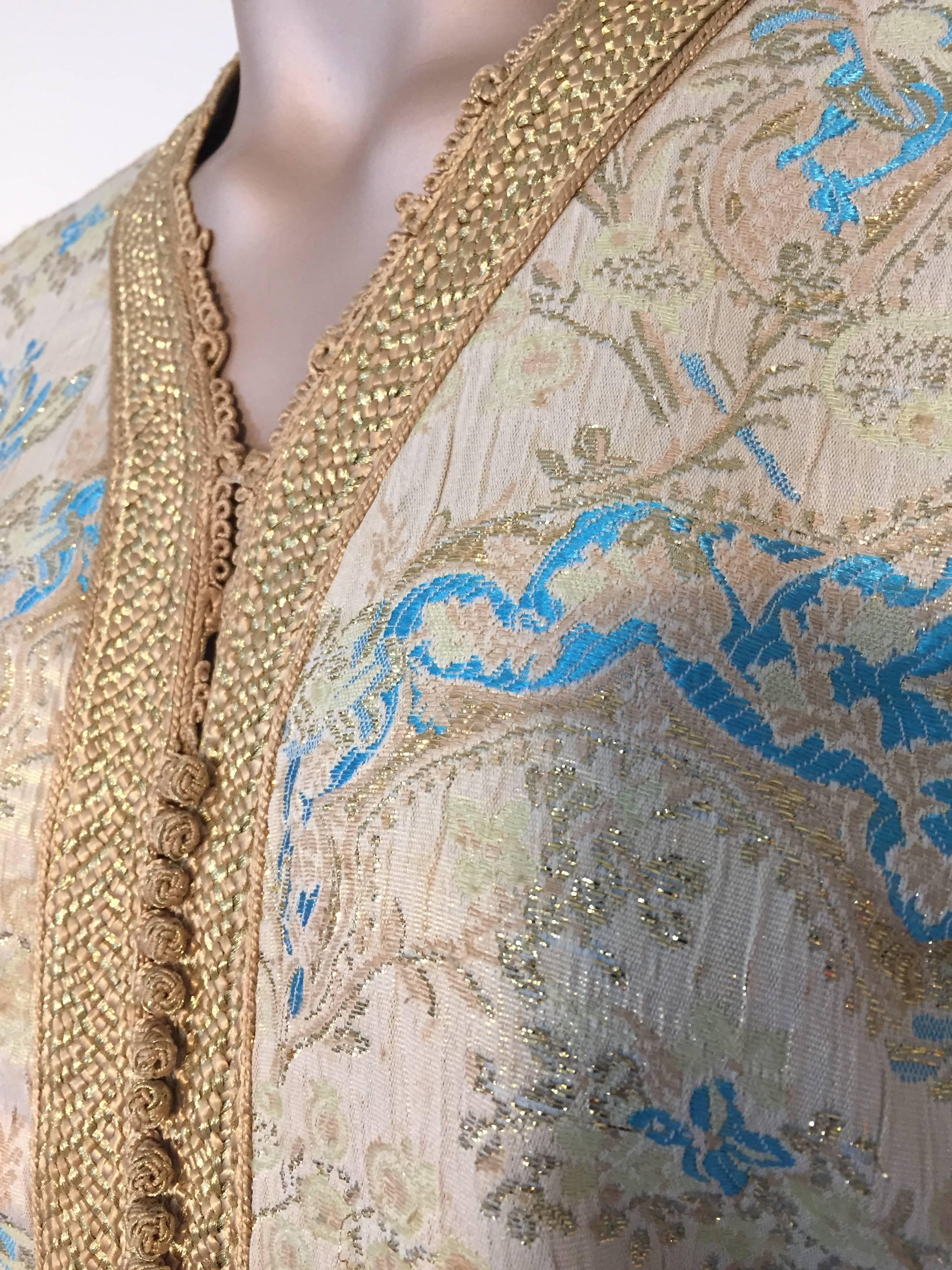 Hand-Crafted Moroccan Caftan, Turquoise and Gold Brocade Kaftan Size Medium For Sale