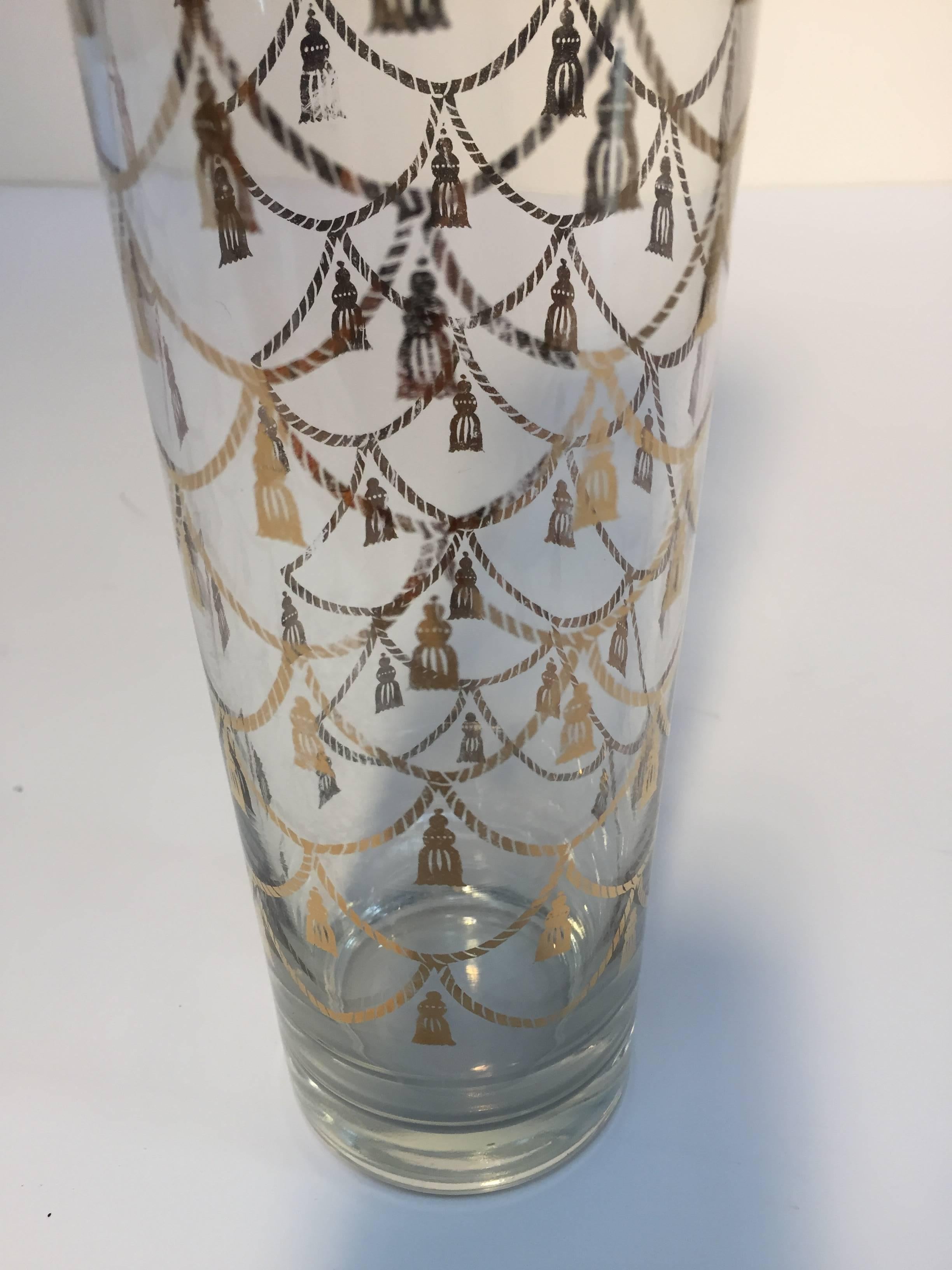 Hand-Painted Vintage Culver Cocktail Set of Barware Glasses and Cocktail Shaker 22 Karat Gold