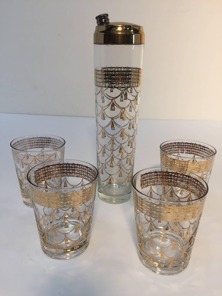 Vintage Cocktail Set of Midcentury Barware Glasses with Cocktail Shaker