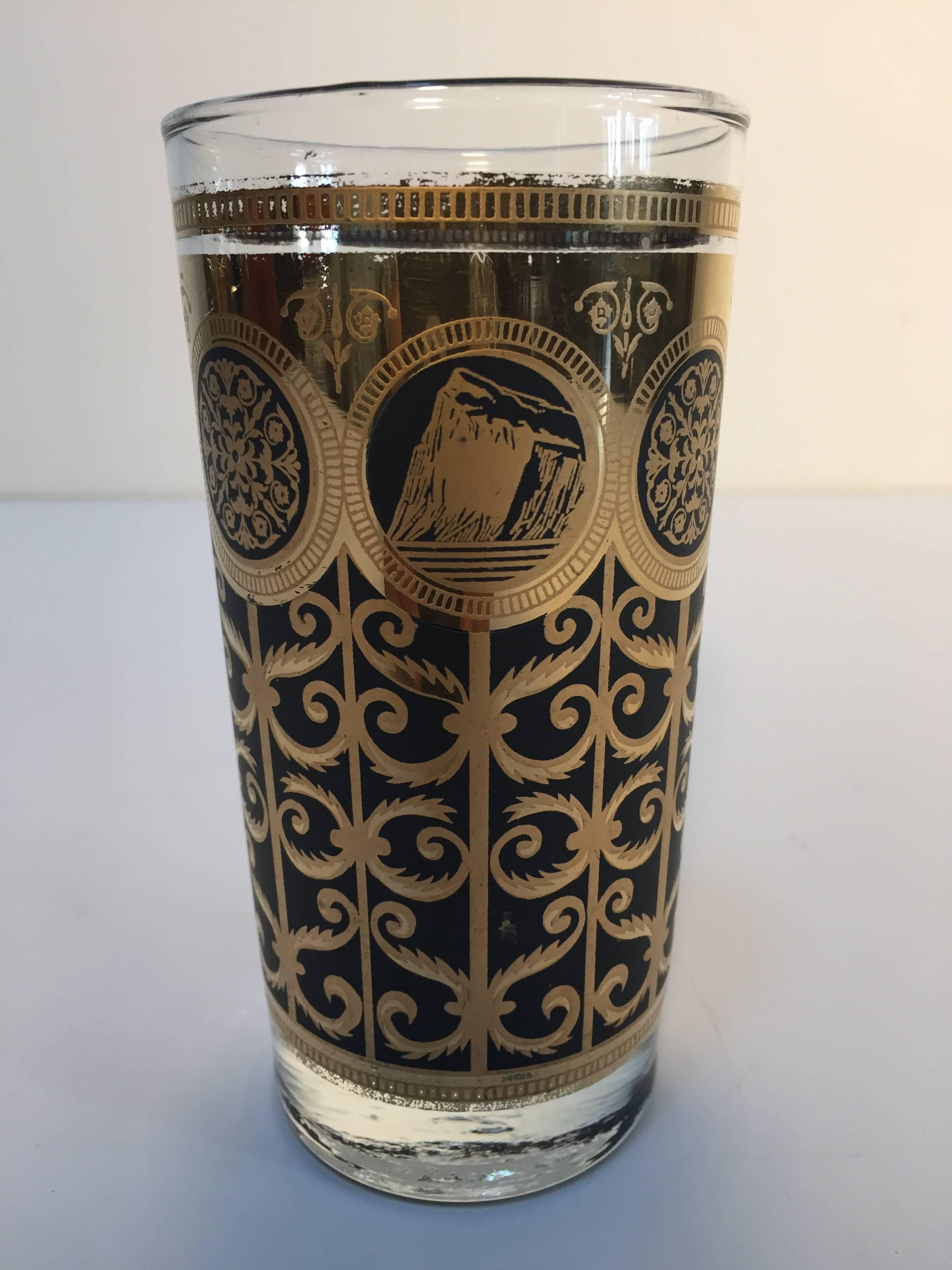Vintage Eight Highball Black and Gold Glasses in a Brass Cart by Fred Press In Good Condition In North Hollywood, CA