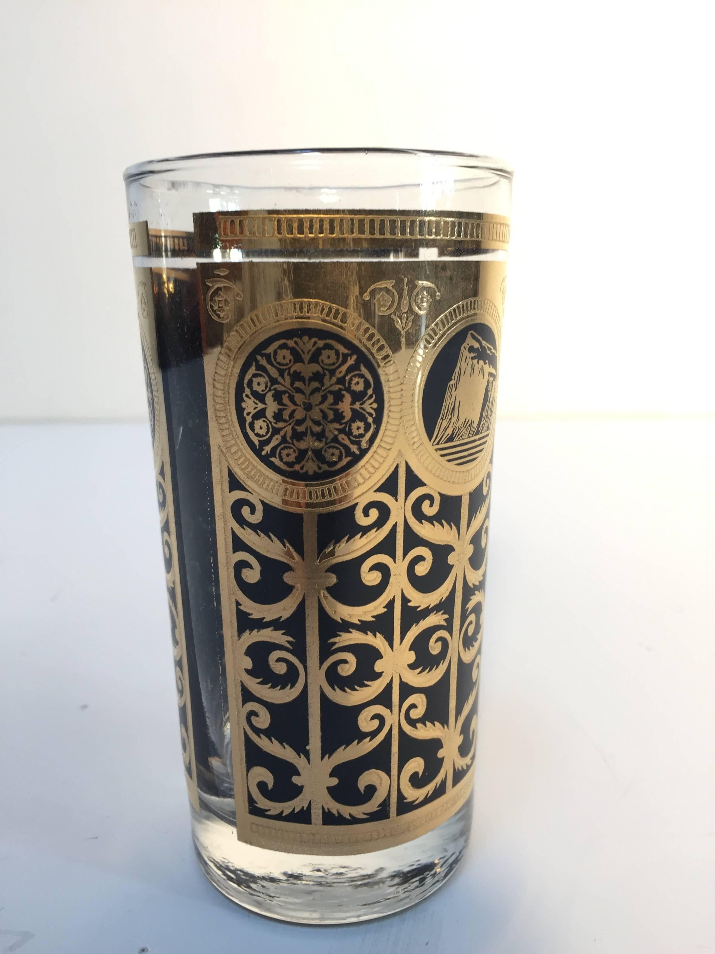 Vintage Eight Highball Black and Gold Glasses in a Brass Cart by Fred Press 1