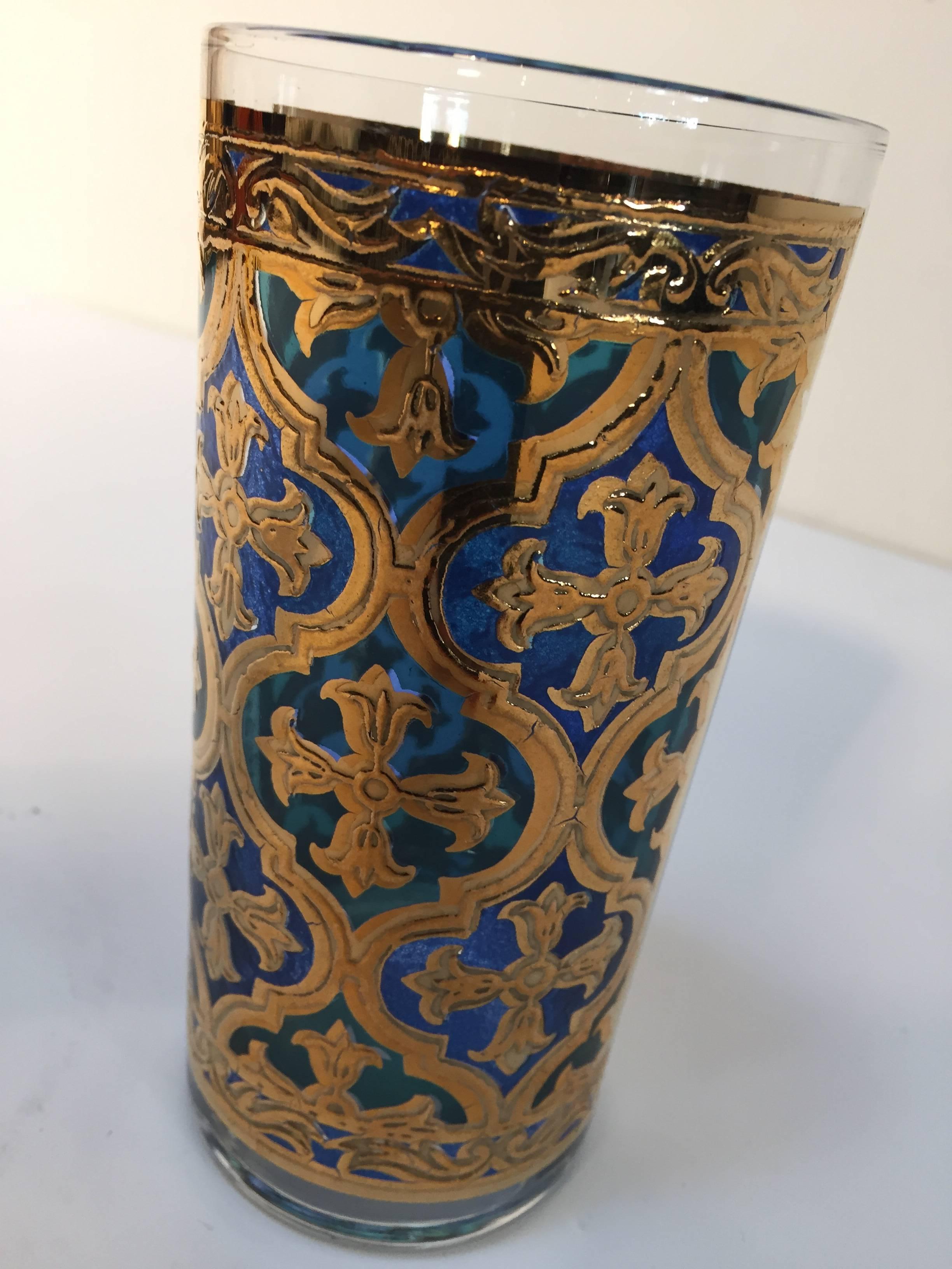 20th Century Vintage Set of Eight Highball Glasses Blue and Gold by Georges Briard