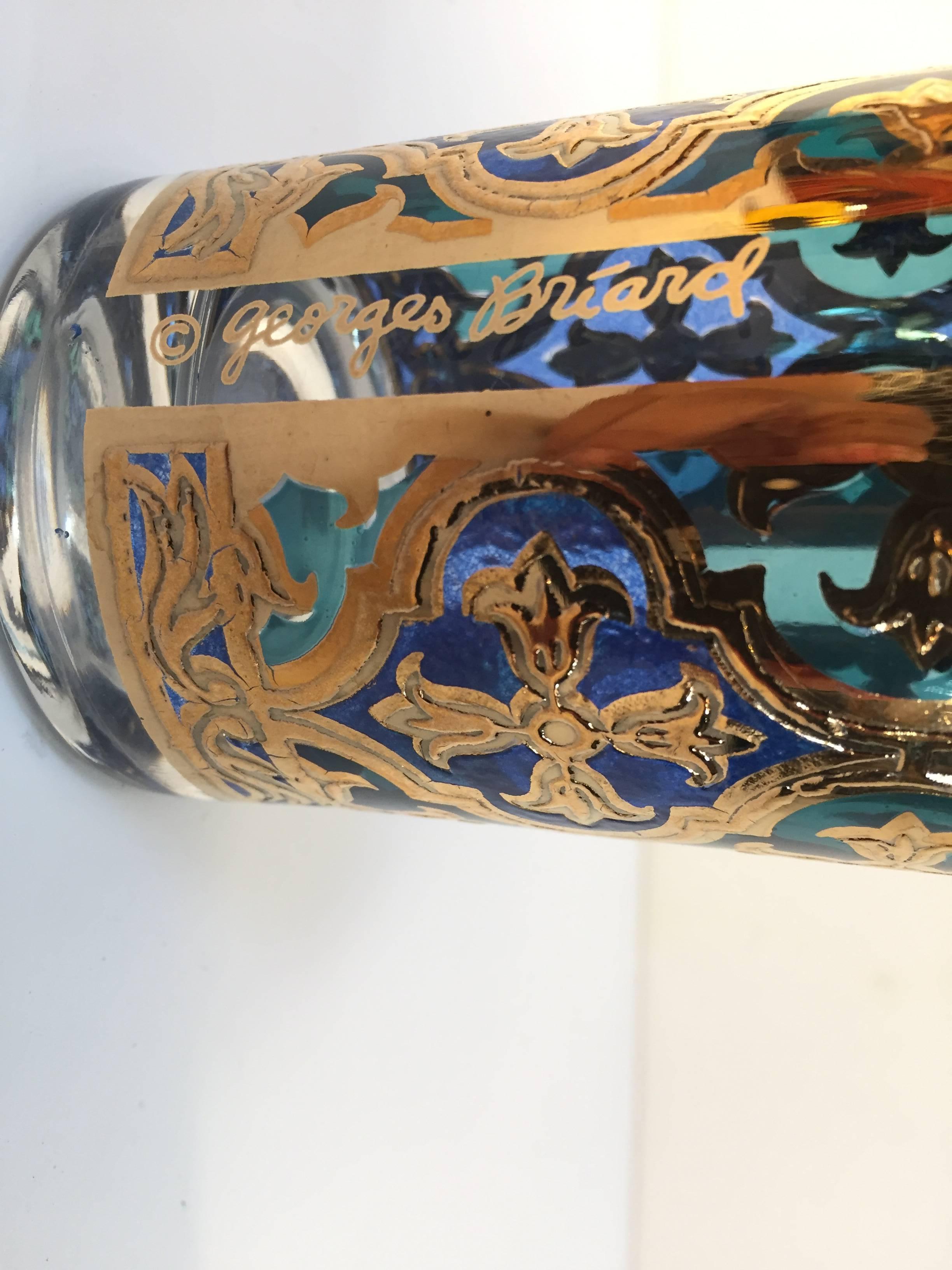Mid-Century Modern Vintage Set of Eight Highball Glasses Blue and Gold by Georges Briard