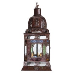 Moroccan Handcrafted Metal and Glass Lantern, Bohemian Style, 1980