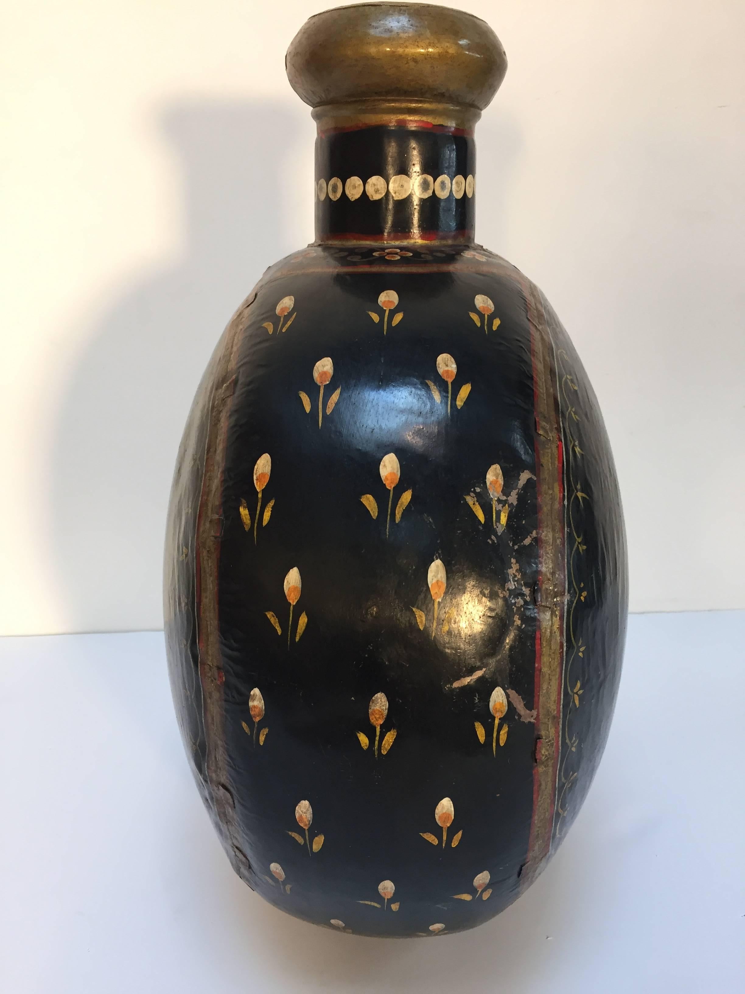Indian Metal Mughal Style Black Hand-Painted Water Jug Vase Rajasthan India For Sale