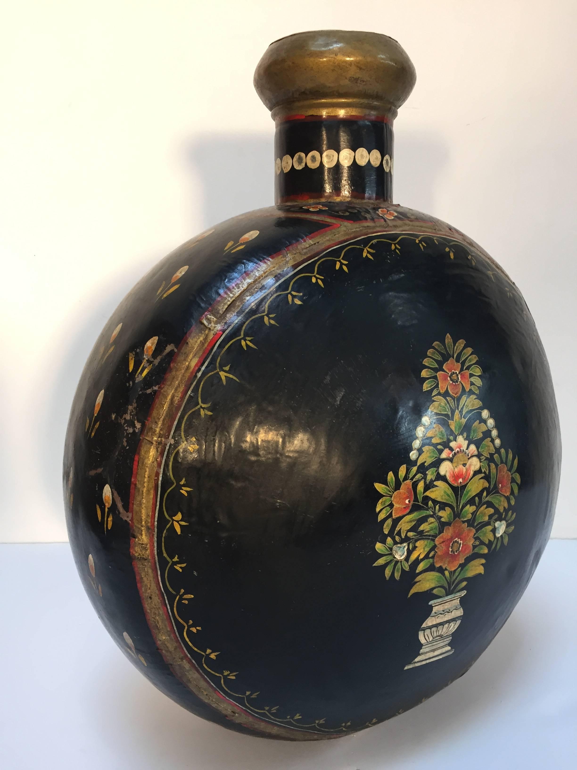 Indian Hand-Hammered Anglo Raj Black Hand-Painted Jug For Sale