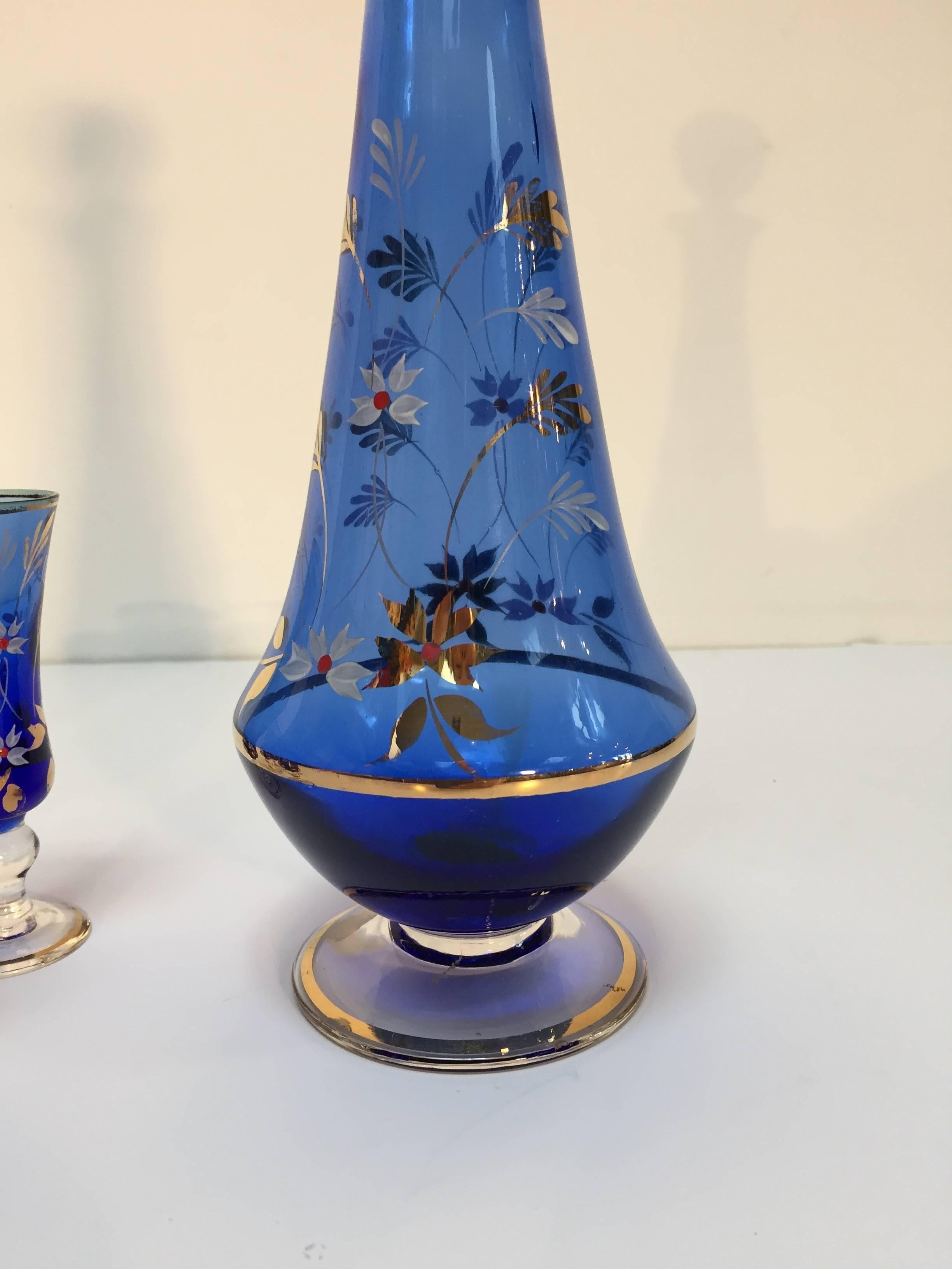 Portuguese Cobalt Blue Enameled Glass Liquor Set Decanter and Six Glasses from Portugal
